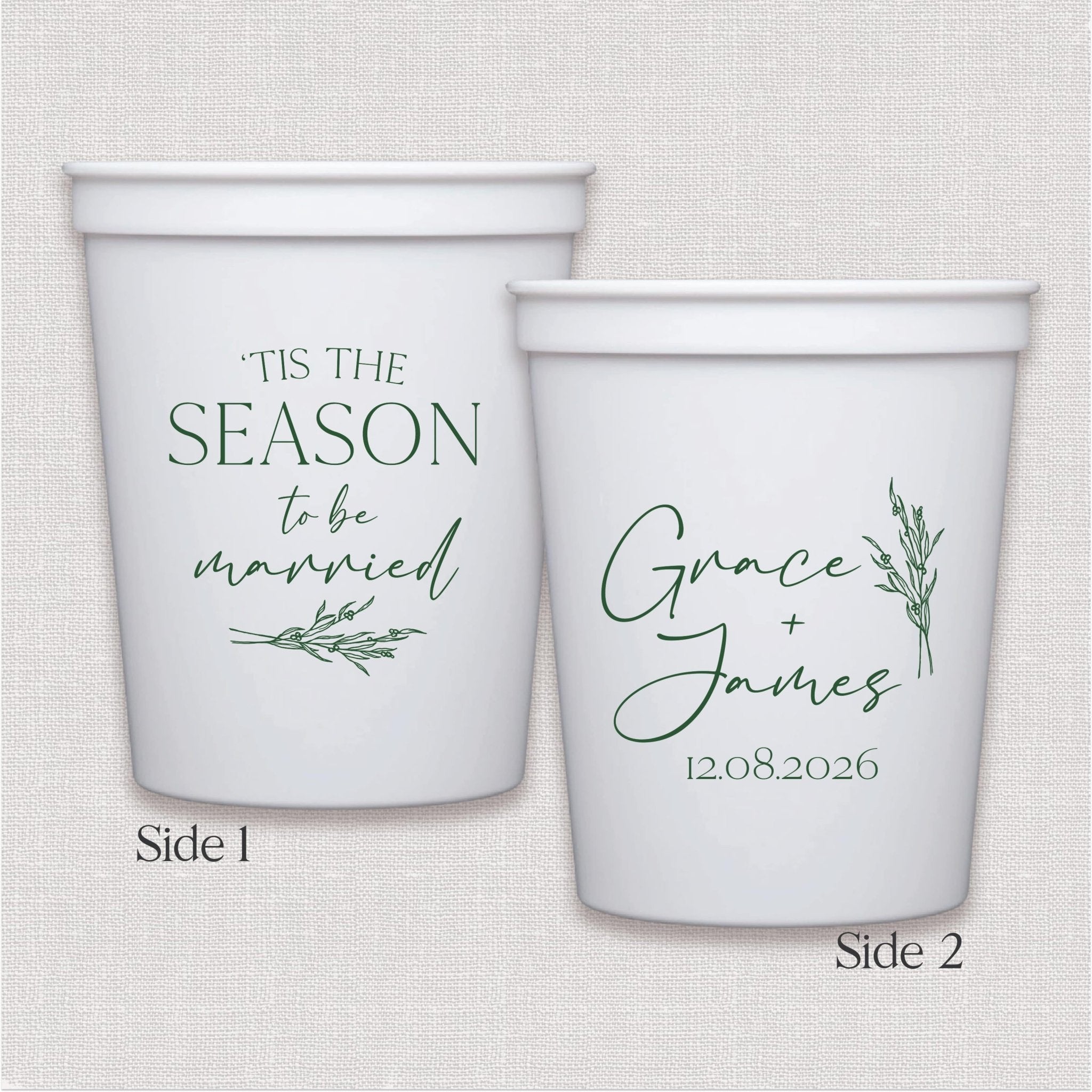 White stadium cup with personalized text text and sage green foliage design, personalized couple names and wedding date on...