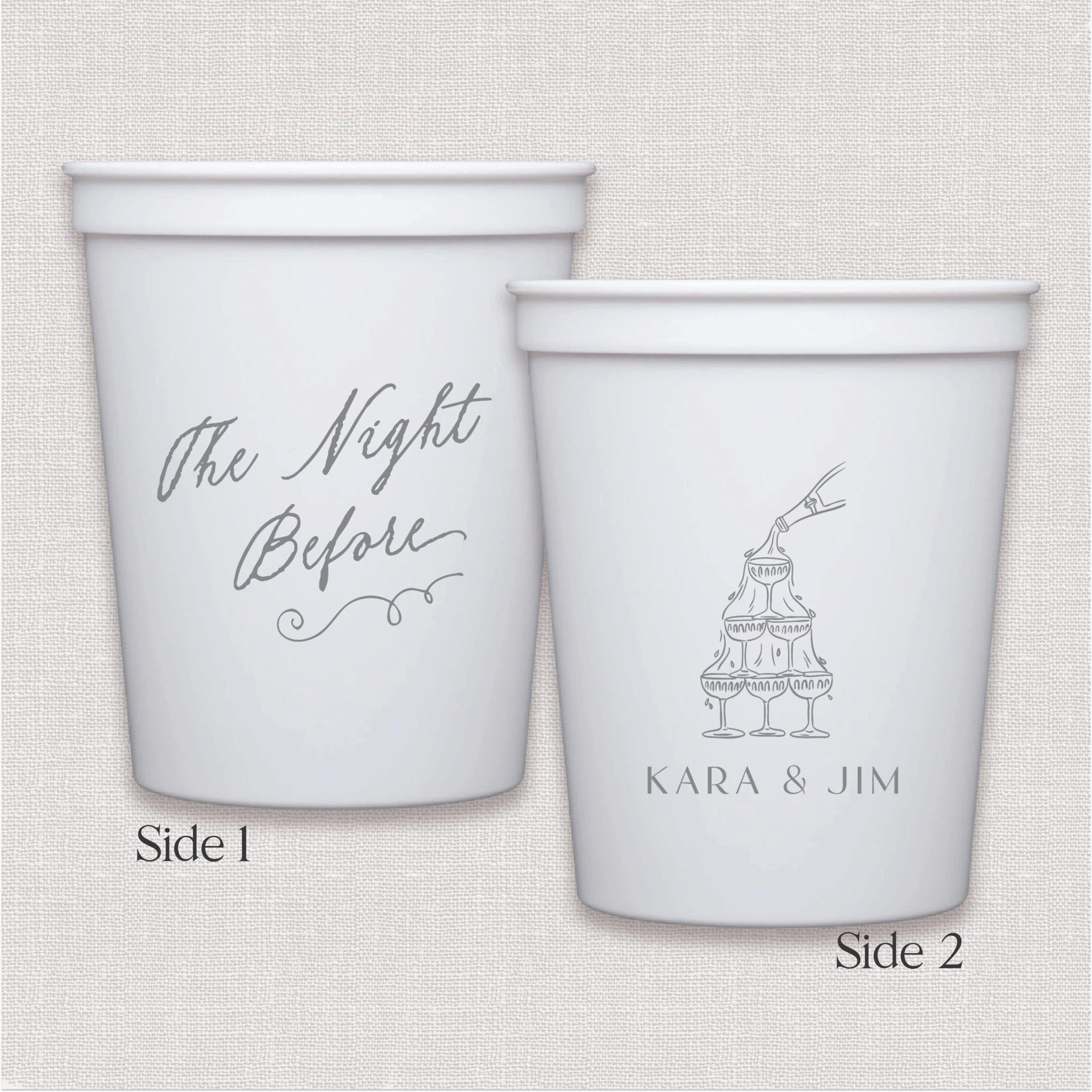 White stadium cup with personalized text script text and tiered cake line art design.
