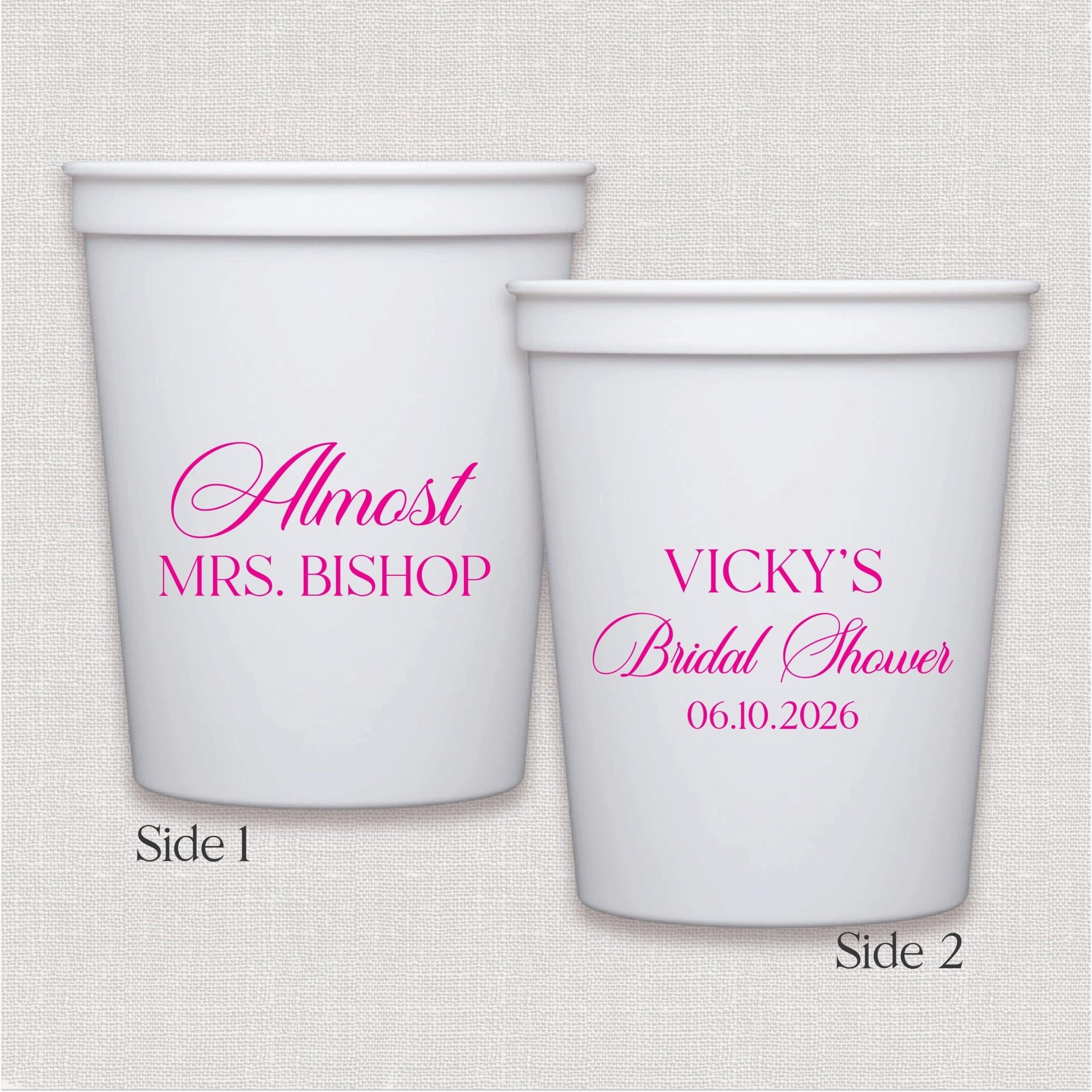 White stadium cup with pink script personalized bridal shower text and wedding date