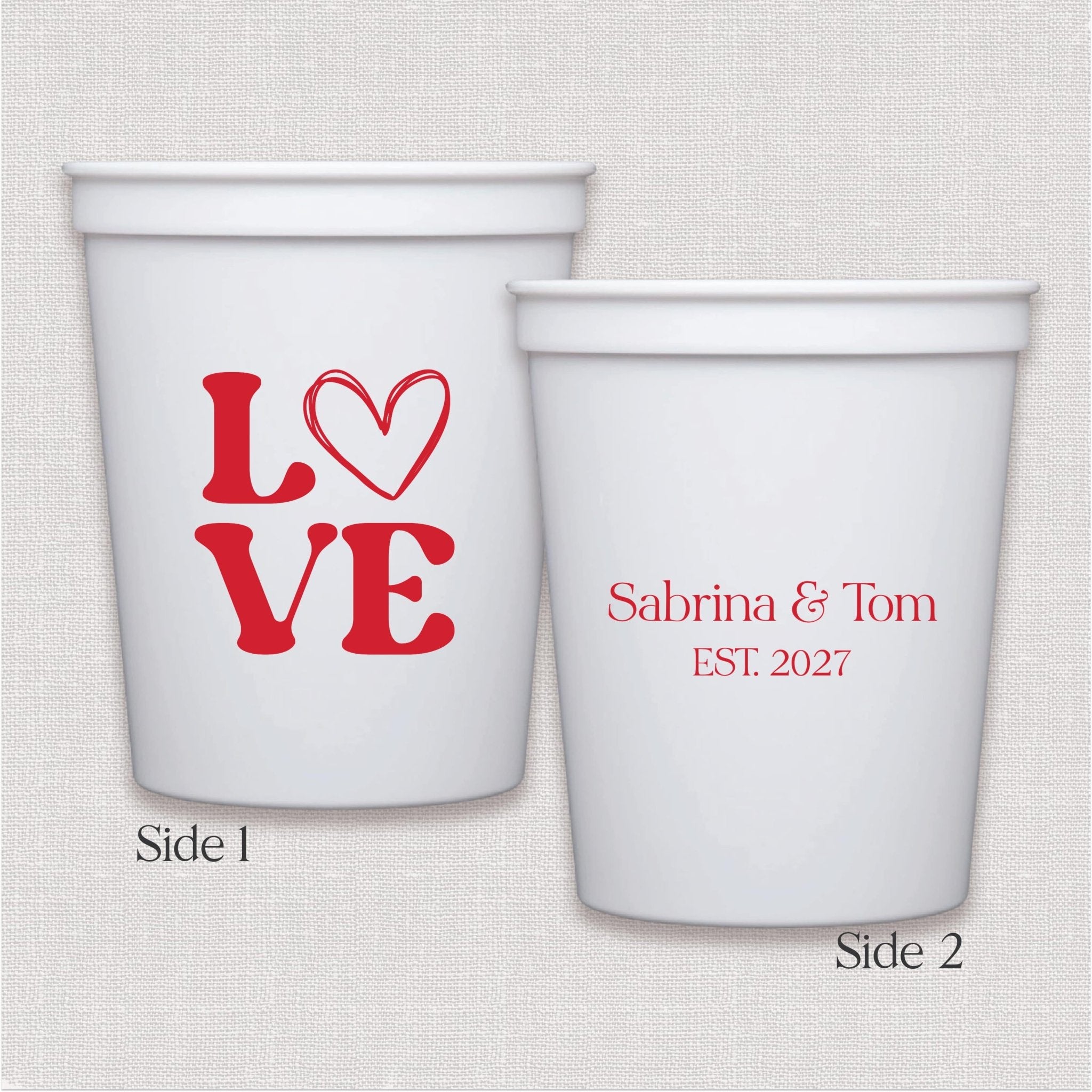 White stadium cup with red LOVE heart design and personalized wedding text, double-sided print