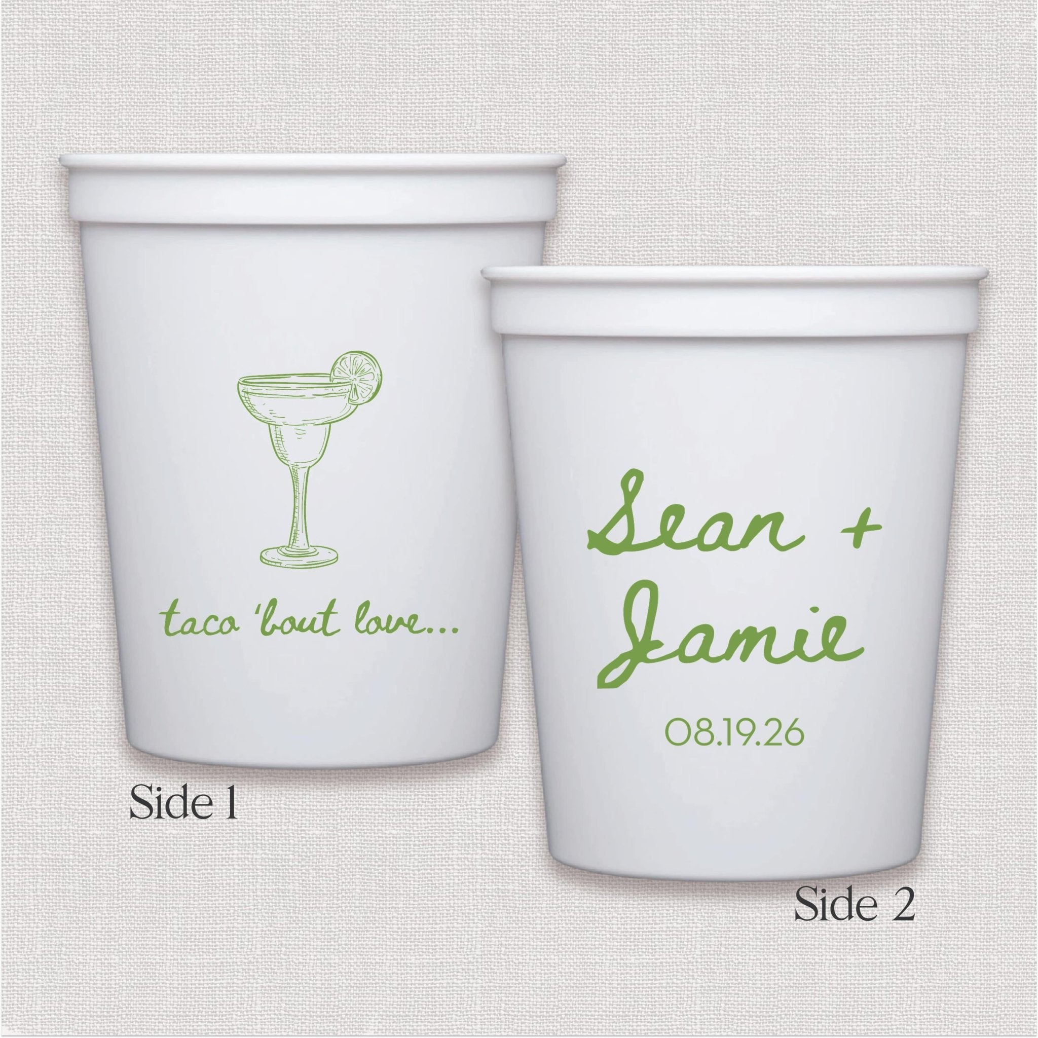 White stadium cup with sage green margarita glass and personalized wedding text design