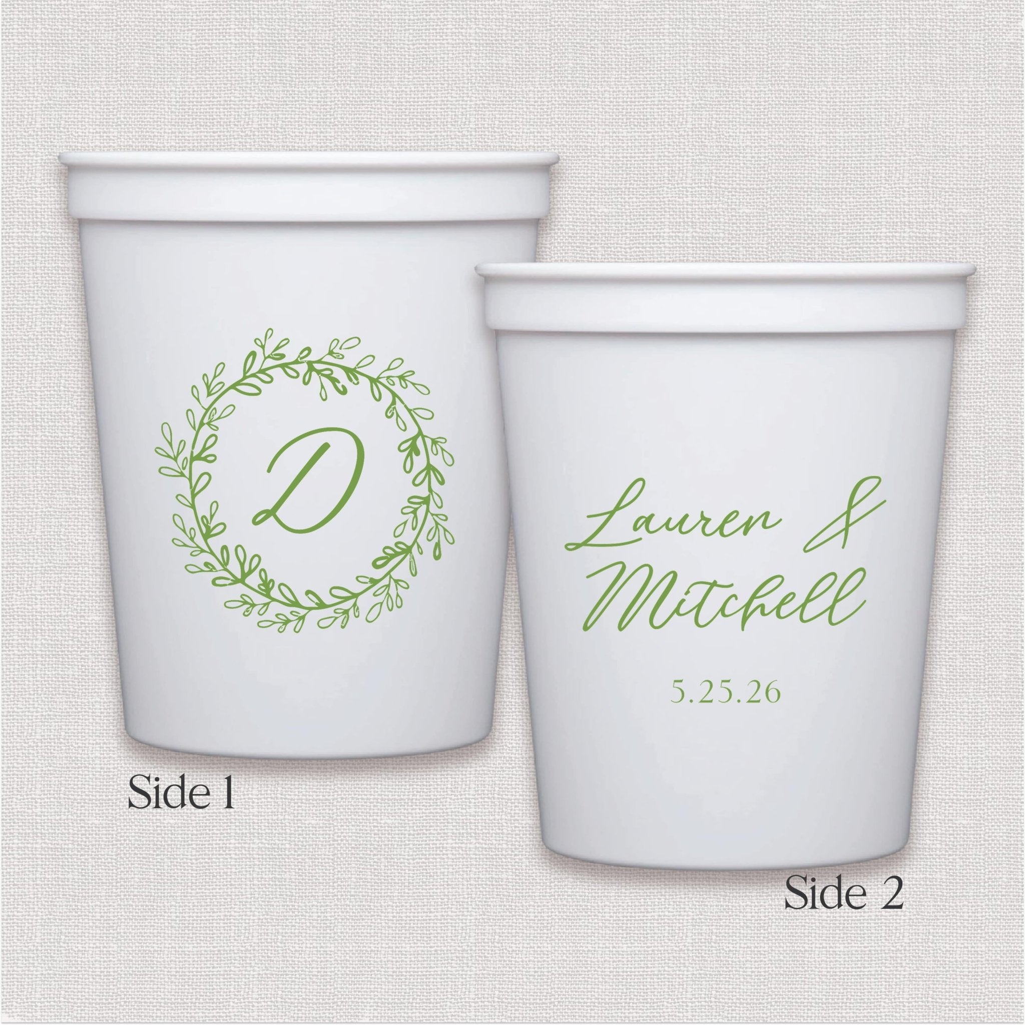 White stadium cup with sage green floral wreath monogram and personalized wedding text design