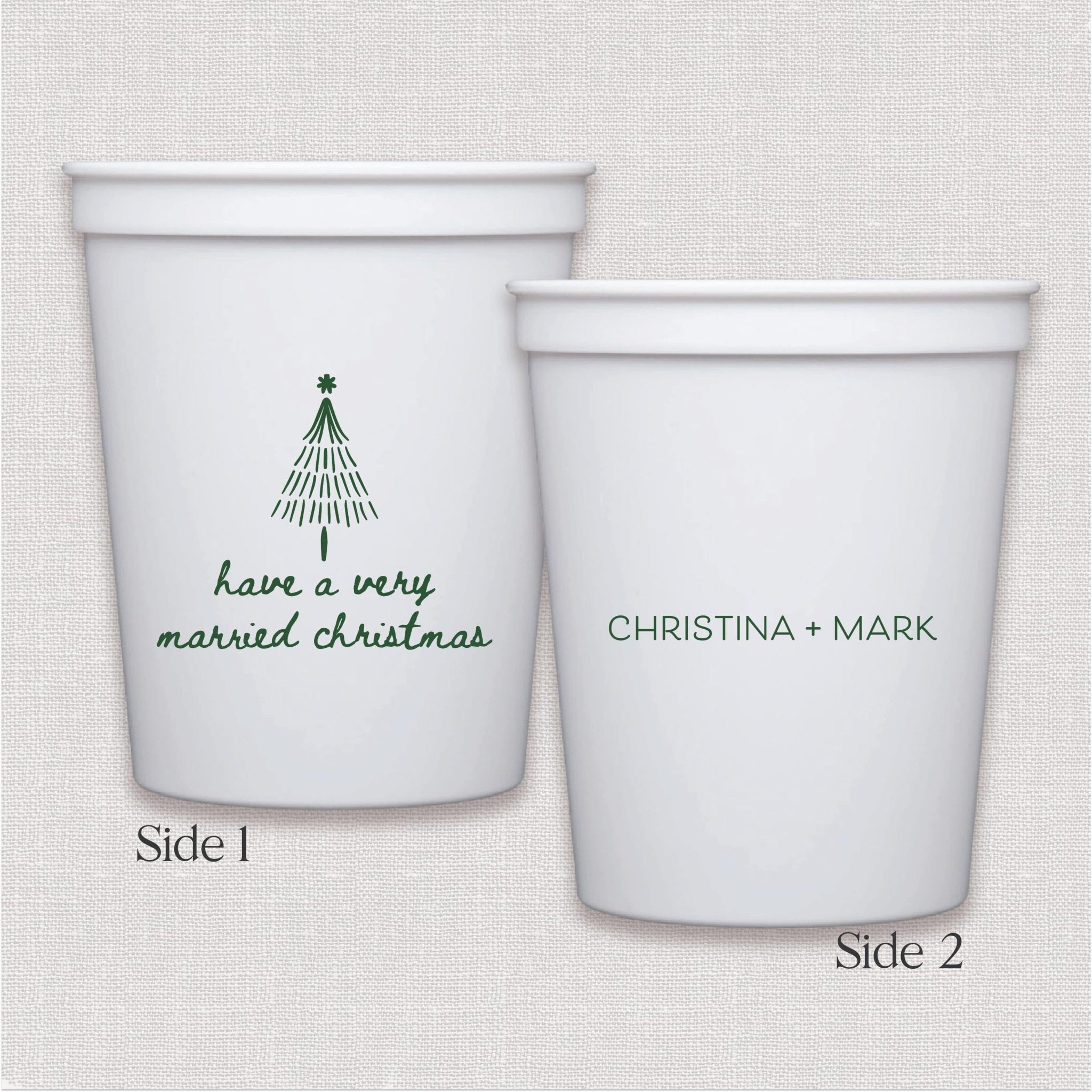 White stadium cup with Christmas tree and personalized wedding text design in green script