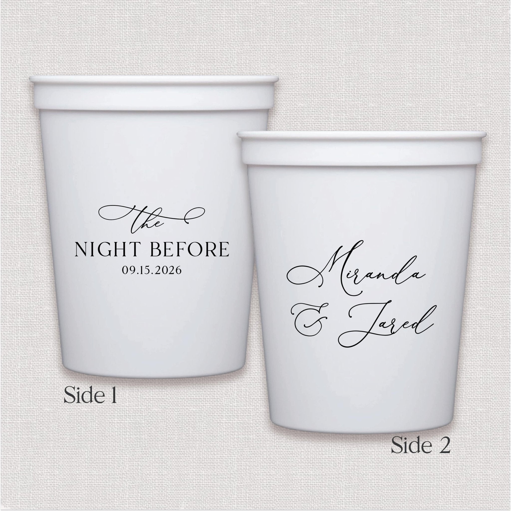 White stadium cup with script wedding text design, personalized rehearsal dinner theme