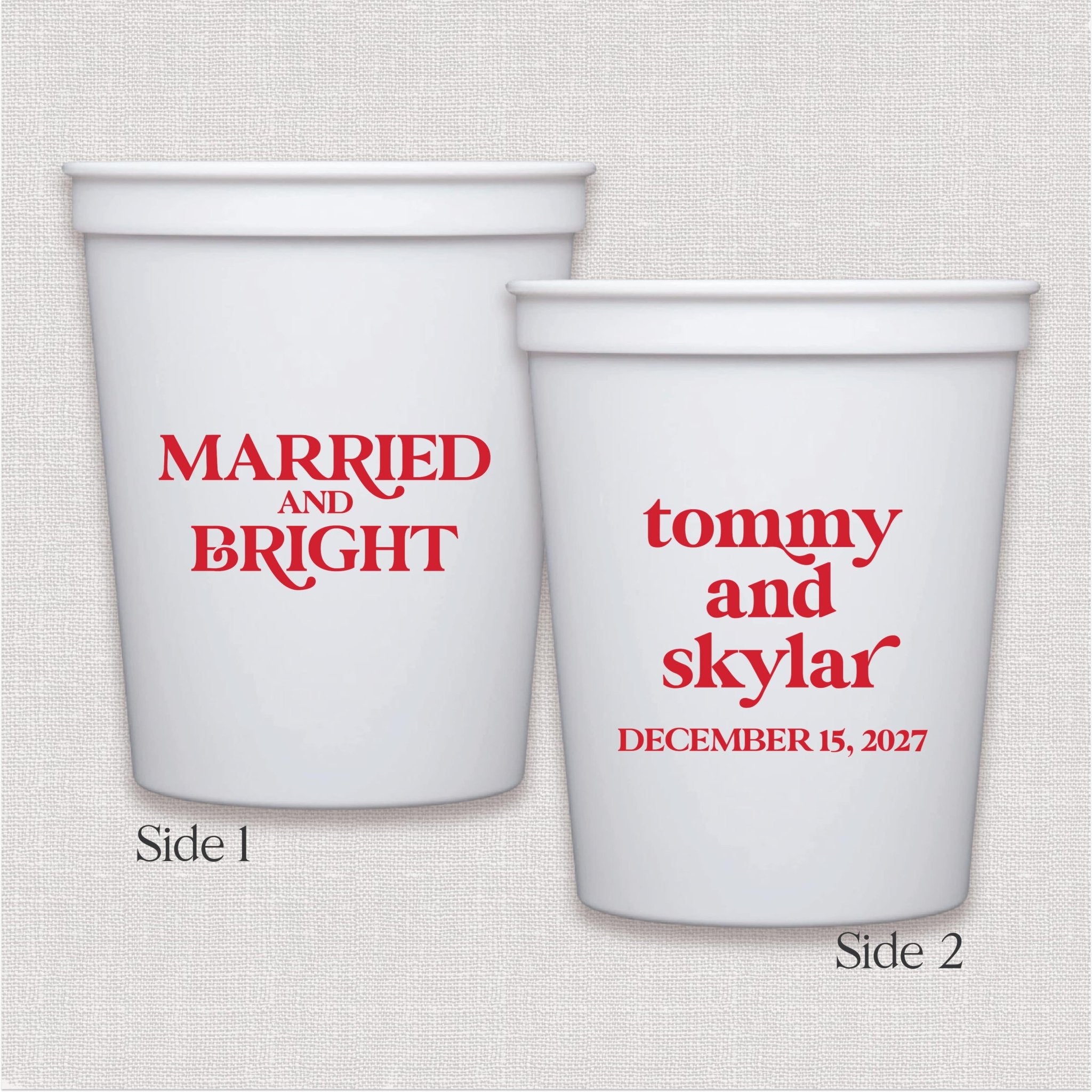White stadium cup with personalized wedding text in red print, two-sided design