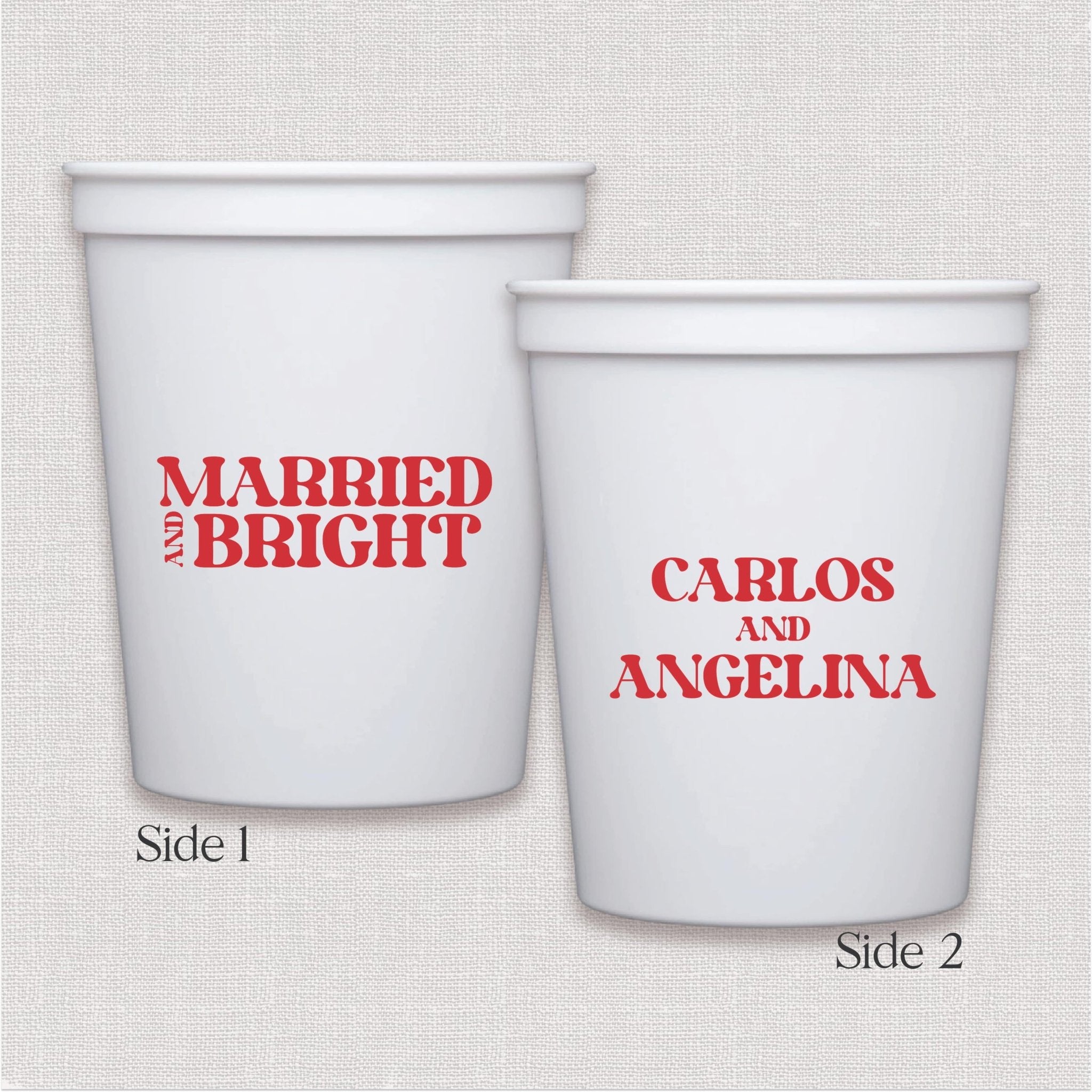 White stadium cup with red personalized text wedding text design