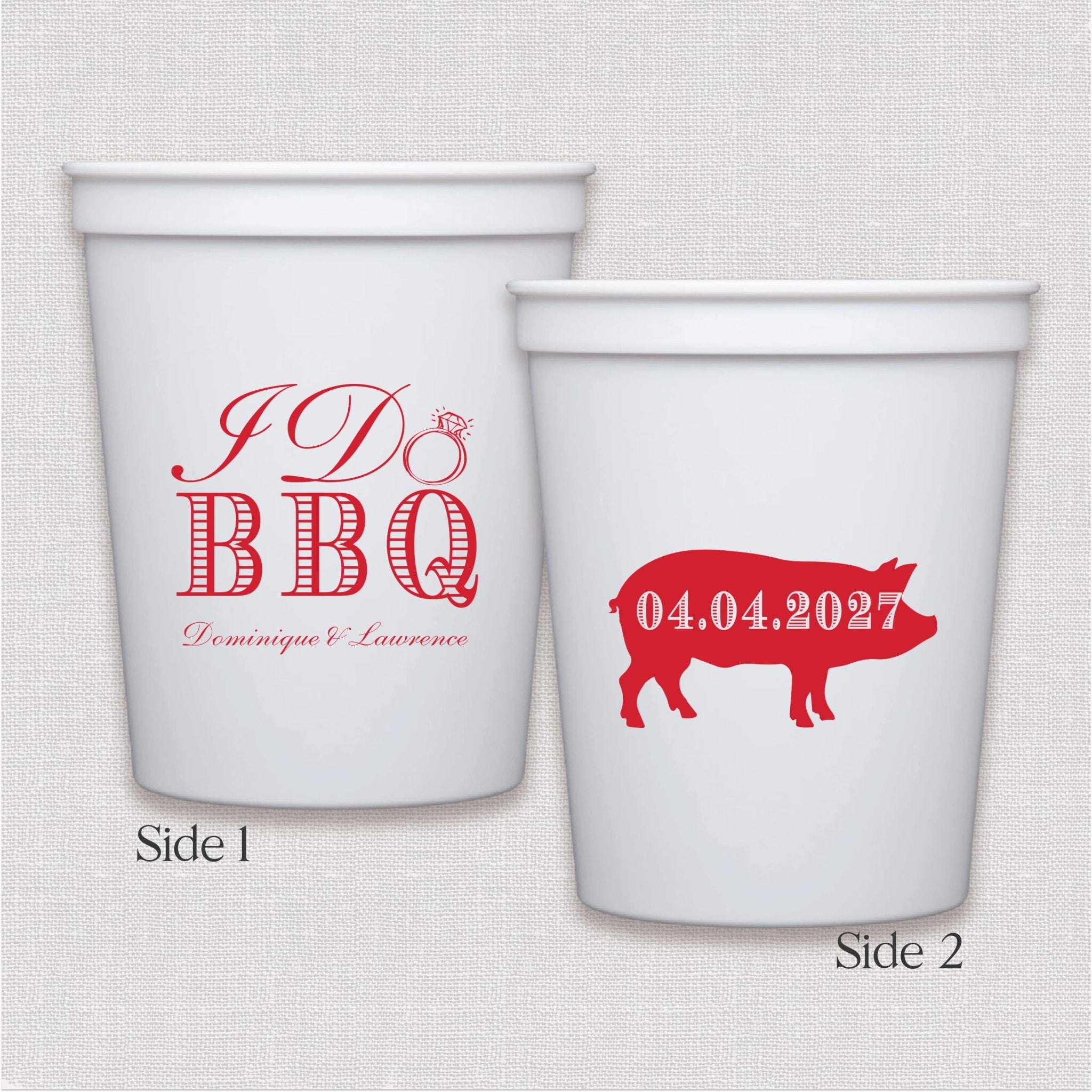 White stadium cup with red I Do BBQ text and pig silhouette design