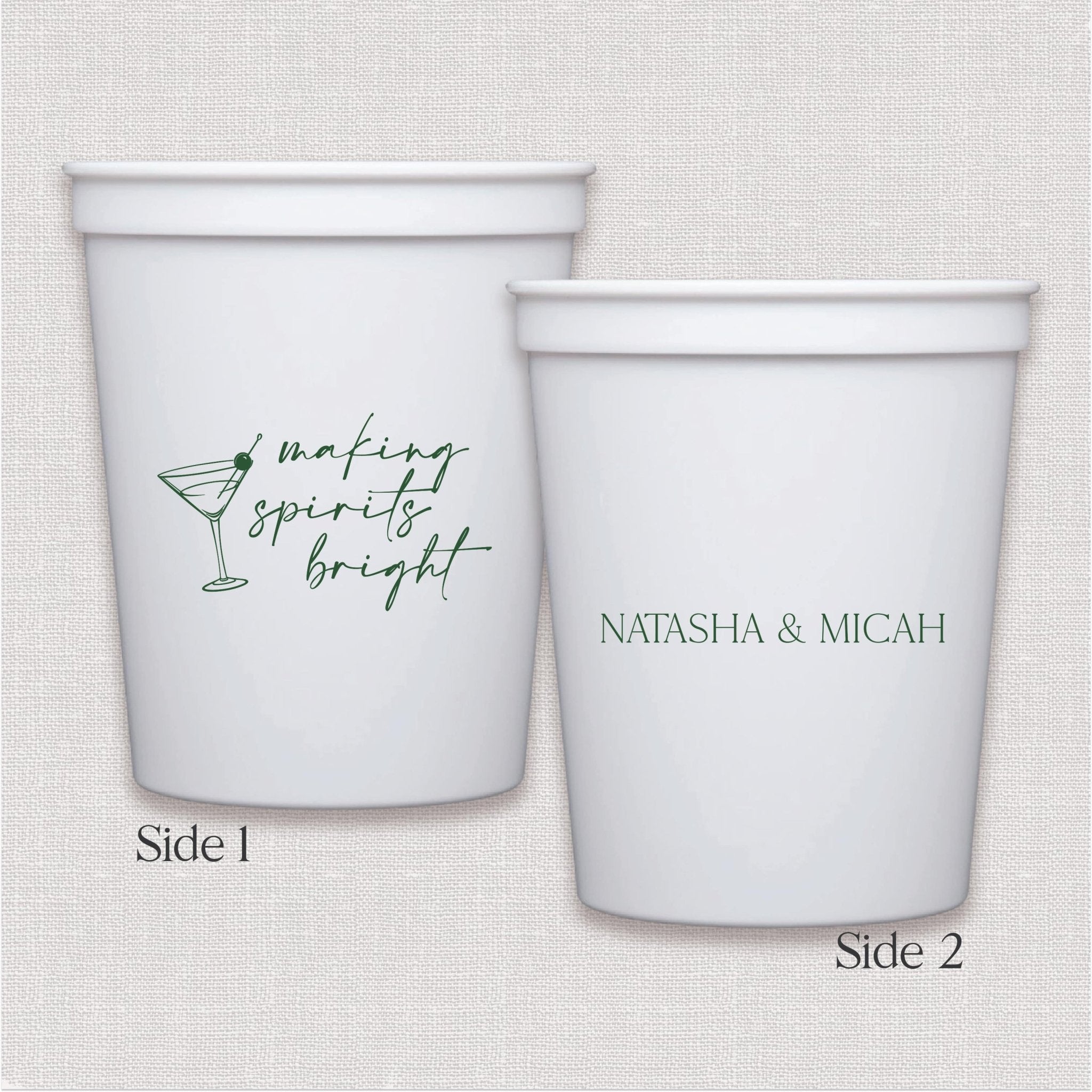 White stadium cup with cocktail glass and personalized wedding text design, two-sided print