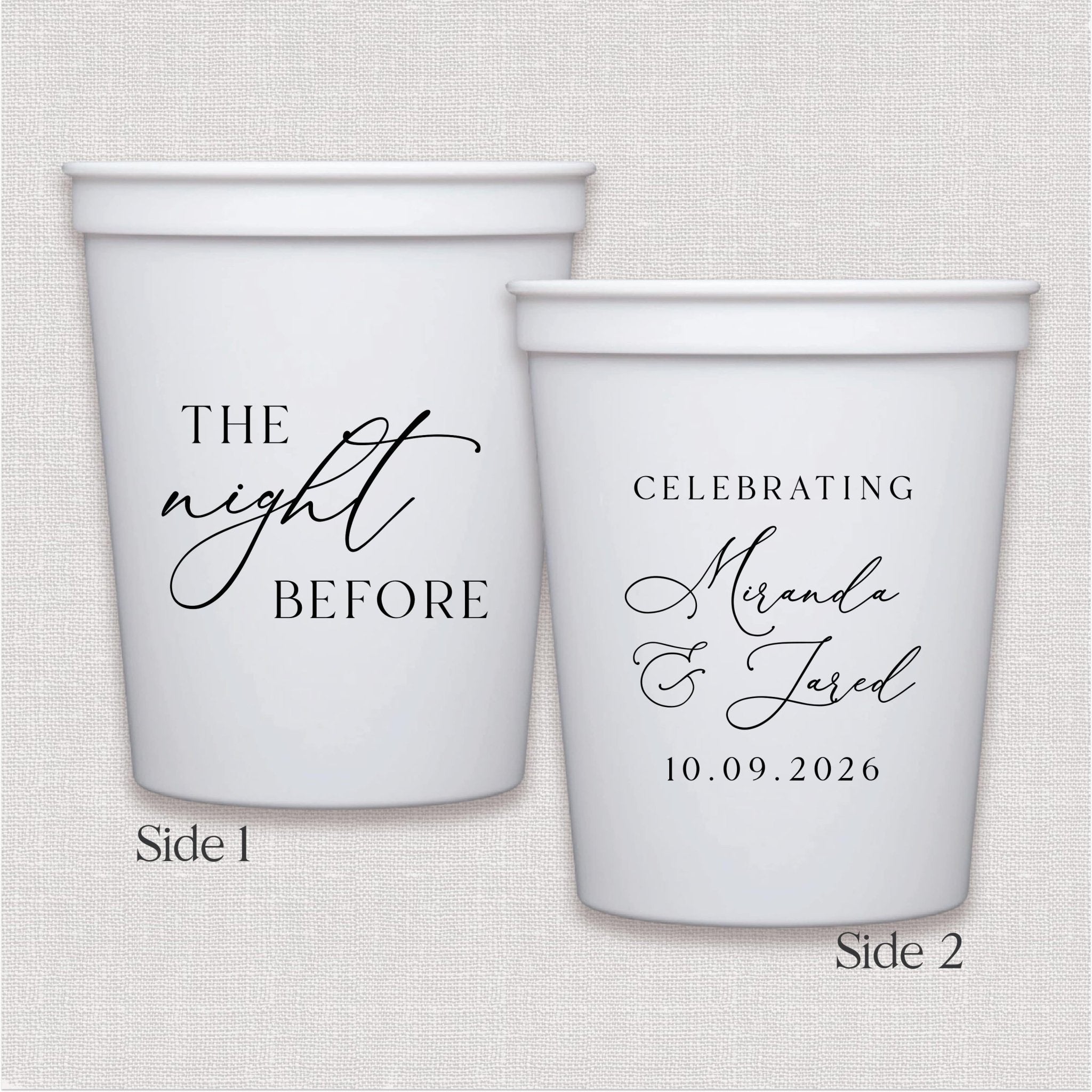 White stadium cups with personalized wedding text and script font design on both sides