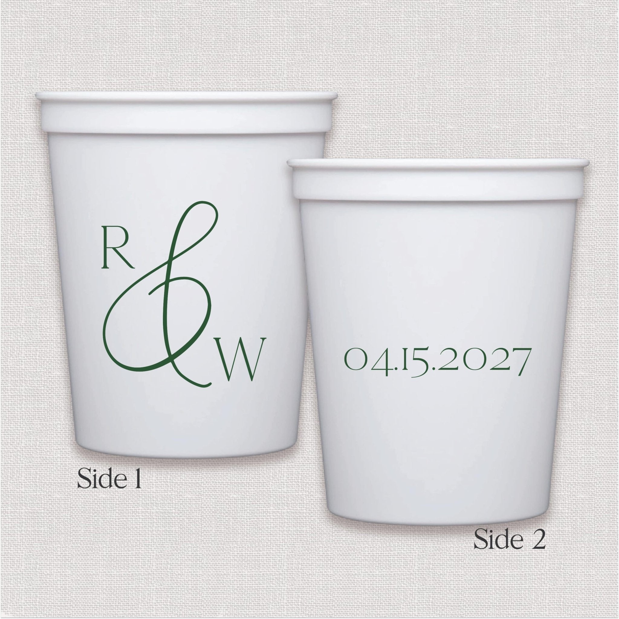 White stadium cup with personalized initials monogram and wedding date design in teal script print