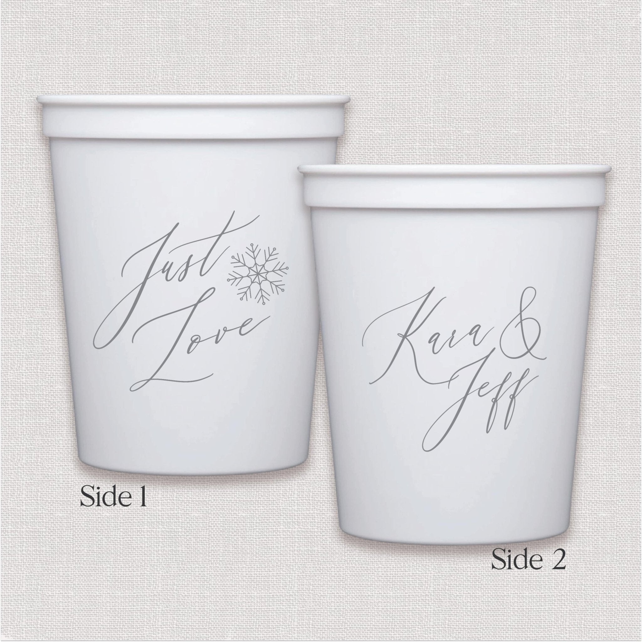 White stadium cups with personalized wedding text and snowflake design in script