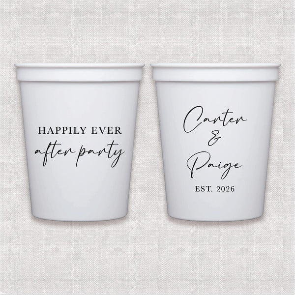 White stadium cups with script wedding text and personalized text and personalized couple names with established date design