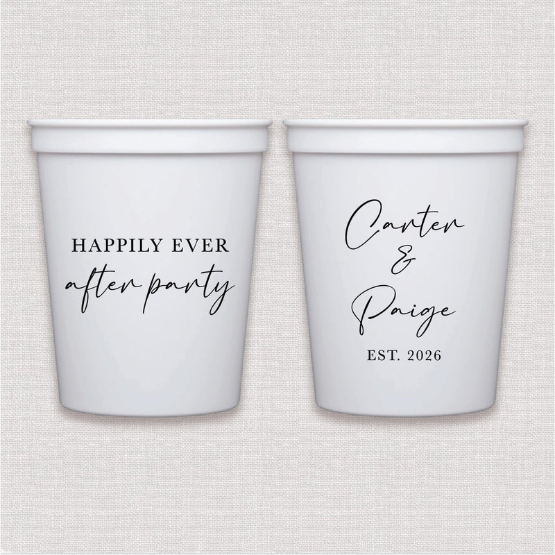 White stadium cups with script wedding text and personalized text and personalized couple names with established date design