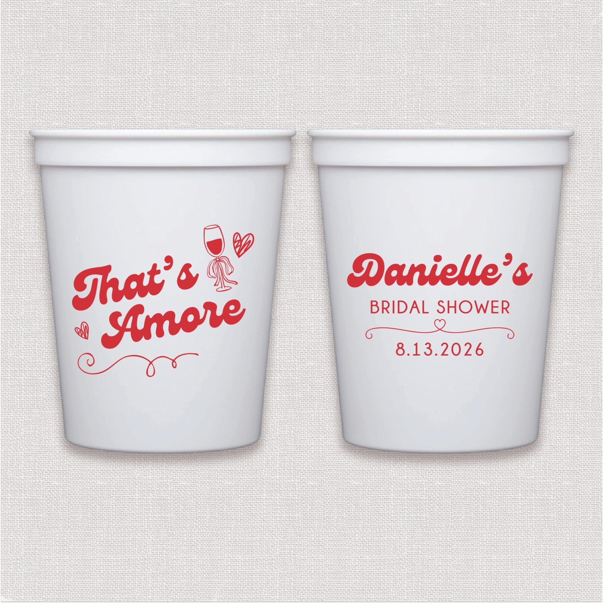 White stadium cup with red personalized text script text and martini glass design for bridal shower