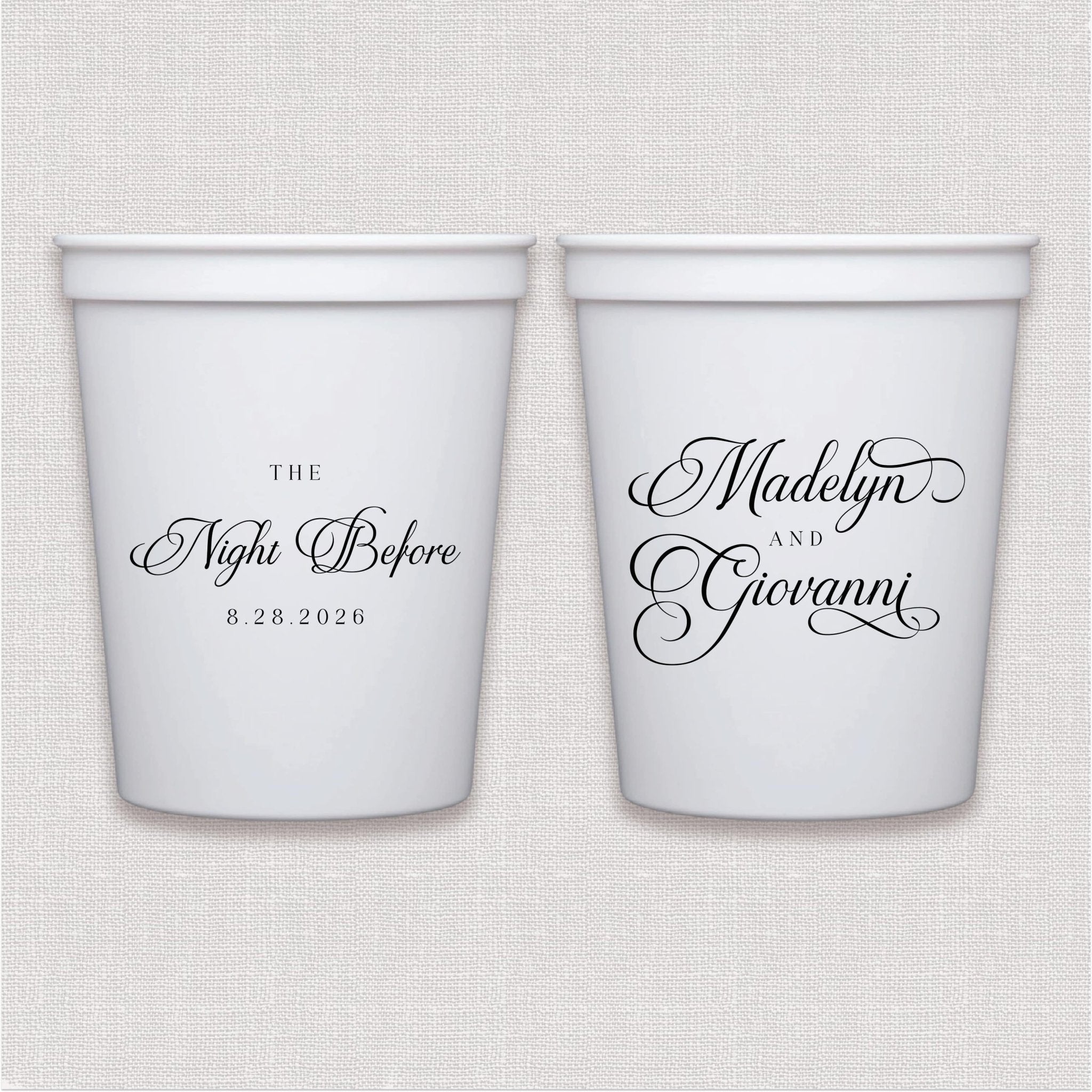 White stadium cups with elegant script wedding text design