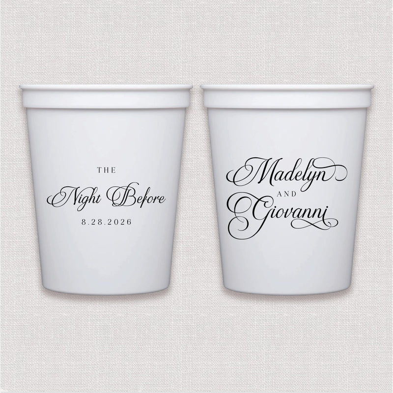 White stadium cups with elegant script wedding text design