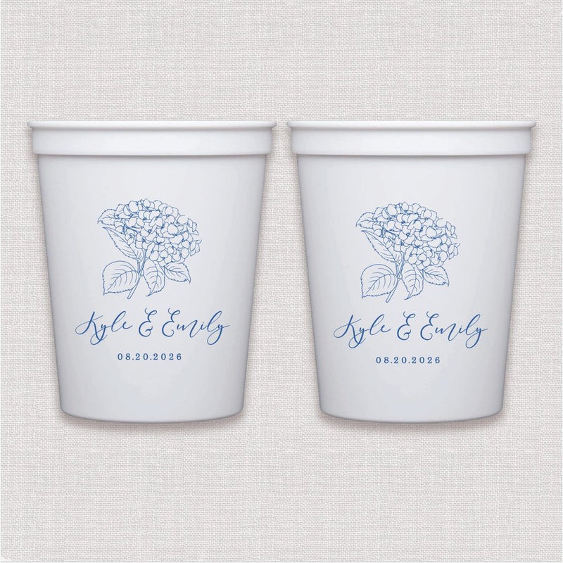 White stadium cup with blue hydrangea line drawing and personalized wedding text design