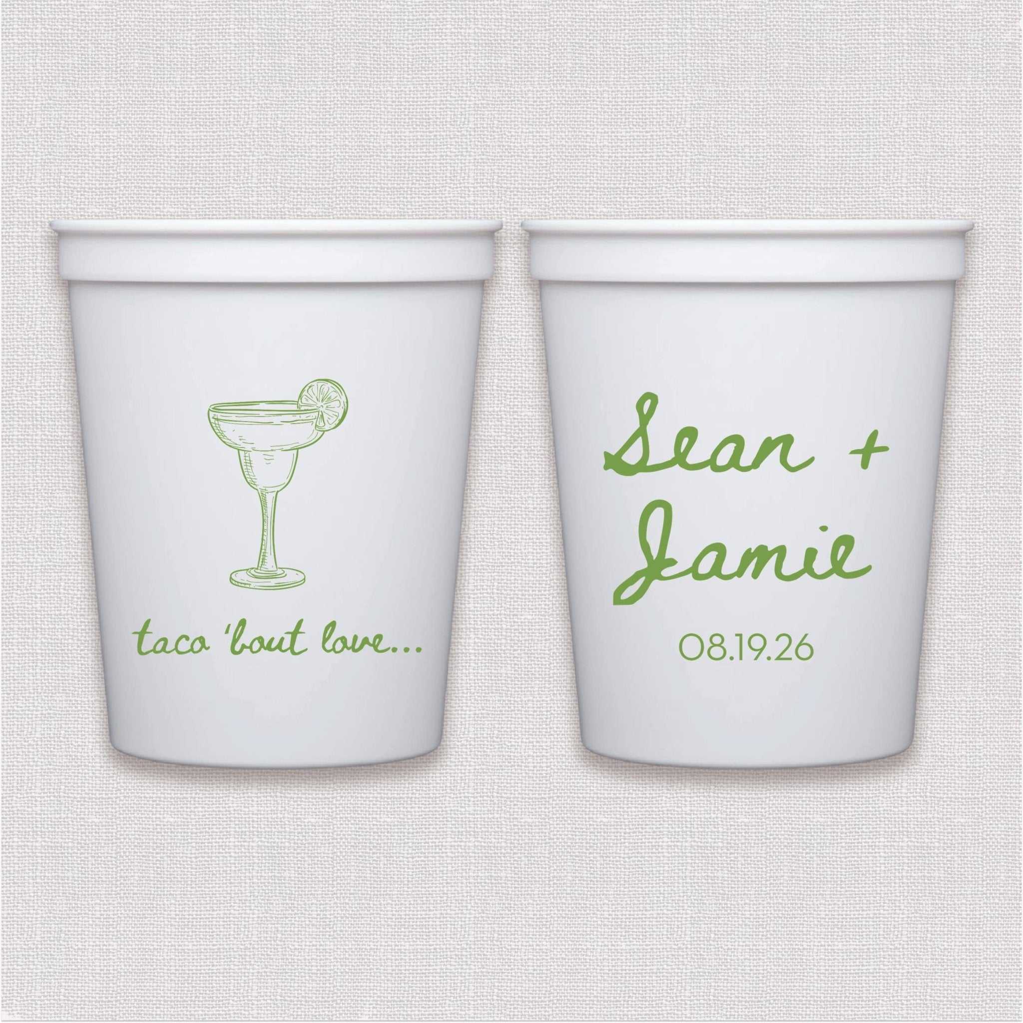 White stadium cup with sage green margarita glass and personalized wedding text design