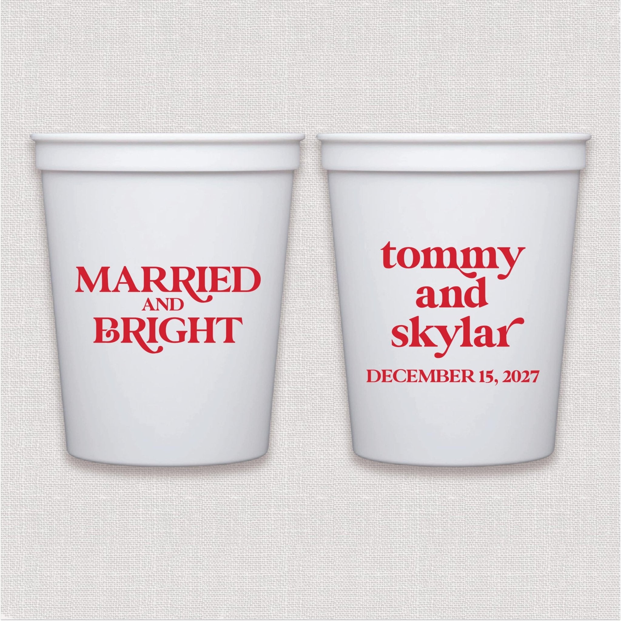 White stadium cup with red personalized text wedding text design