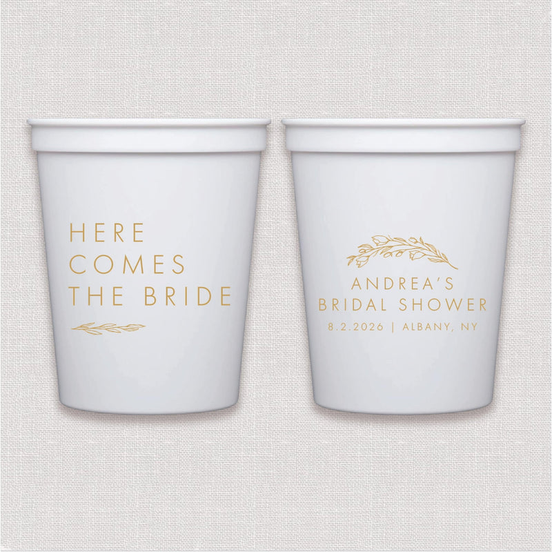 White stadium cups with gold foil personalized text text and floral leaf design