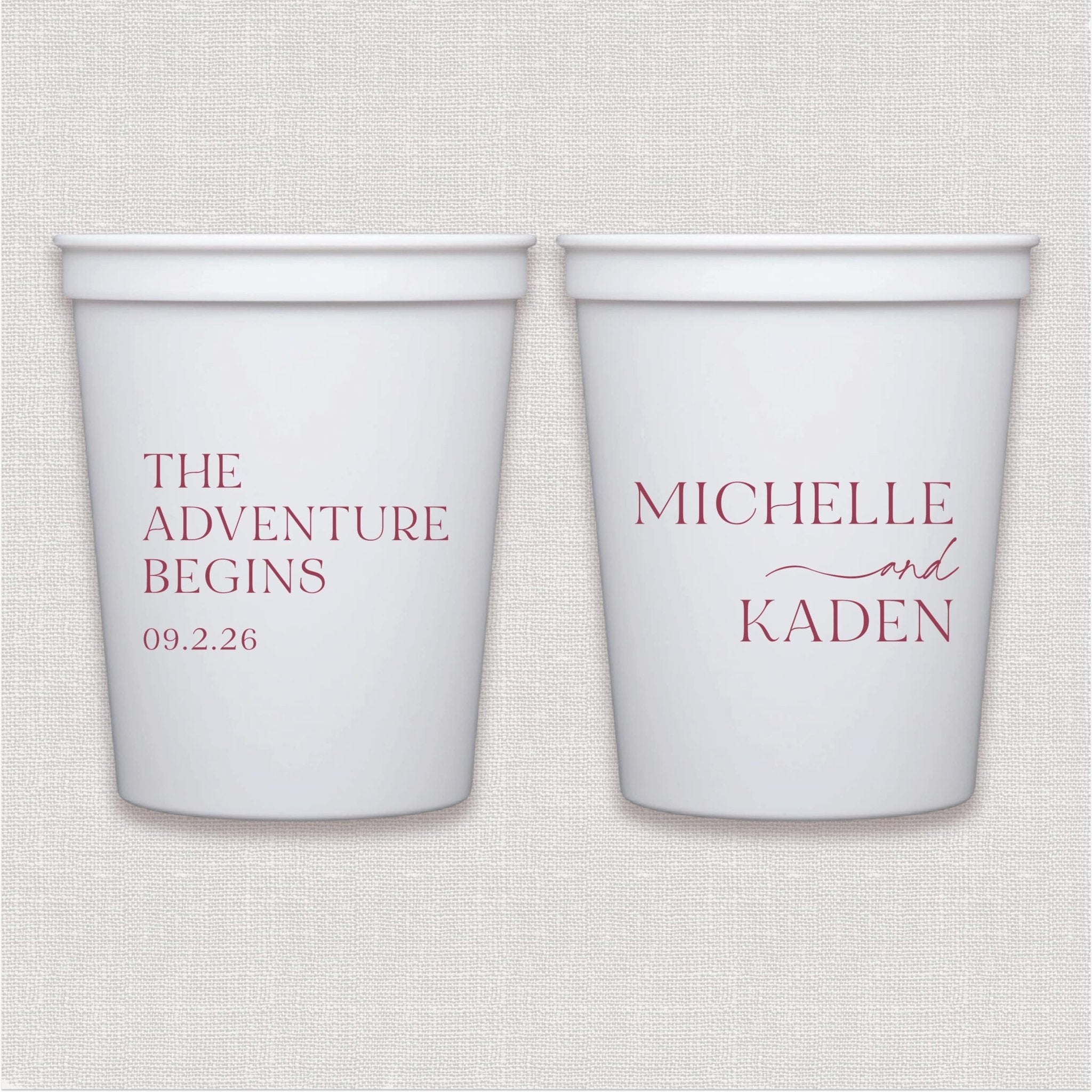 White stadium cup with personalized wedding text and date in mauve script design