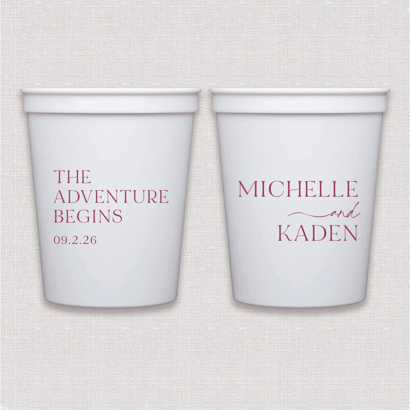 White stadium cup with personalized wedding text and date in mauve script design