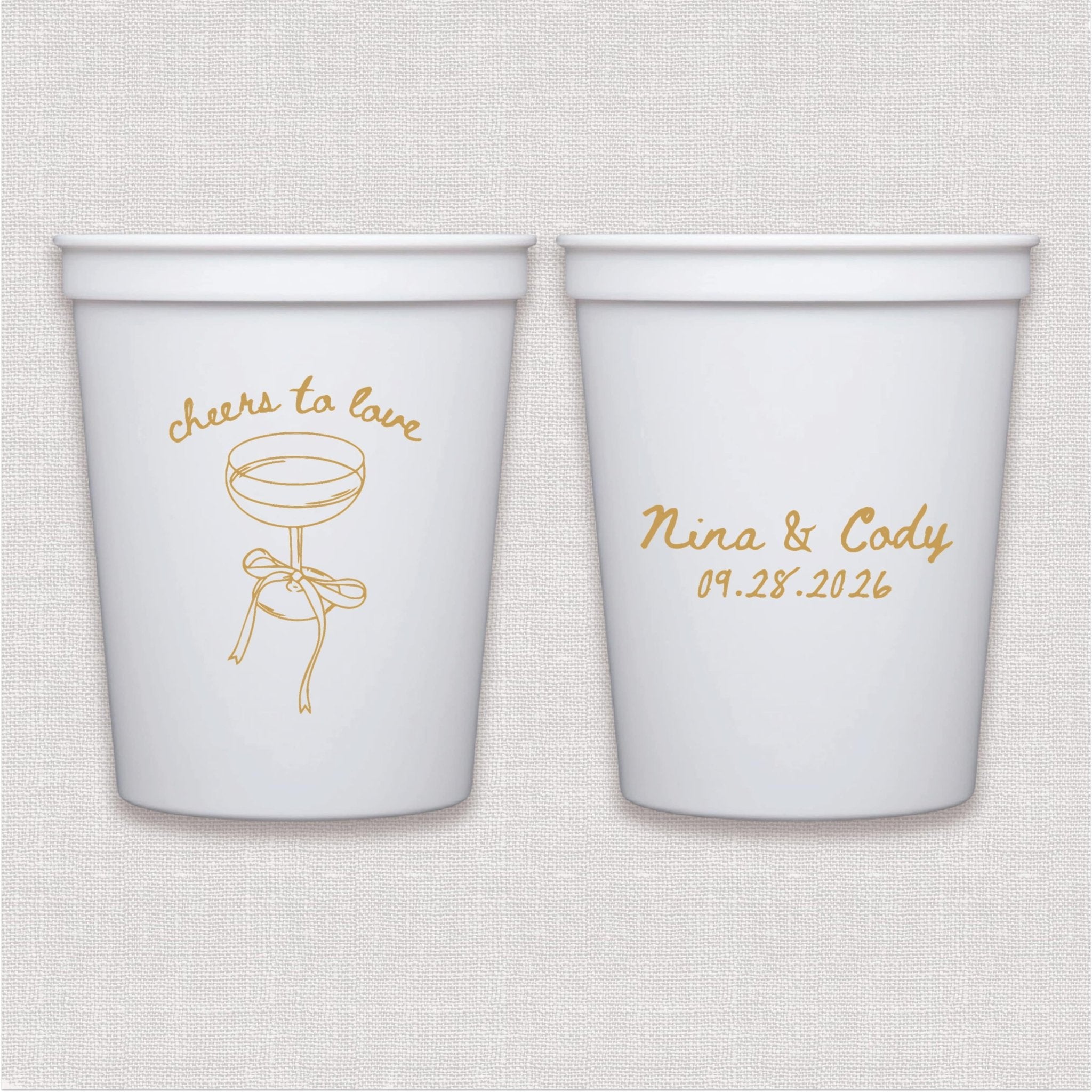 White stadium cup with gold line art champagne glass and personalized wedding text design