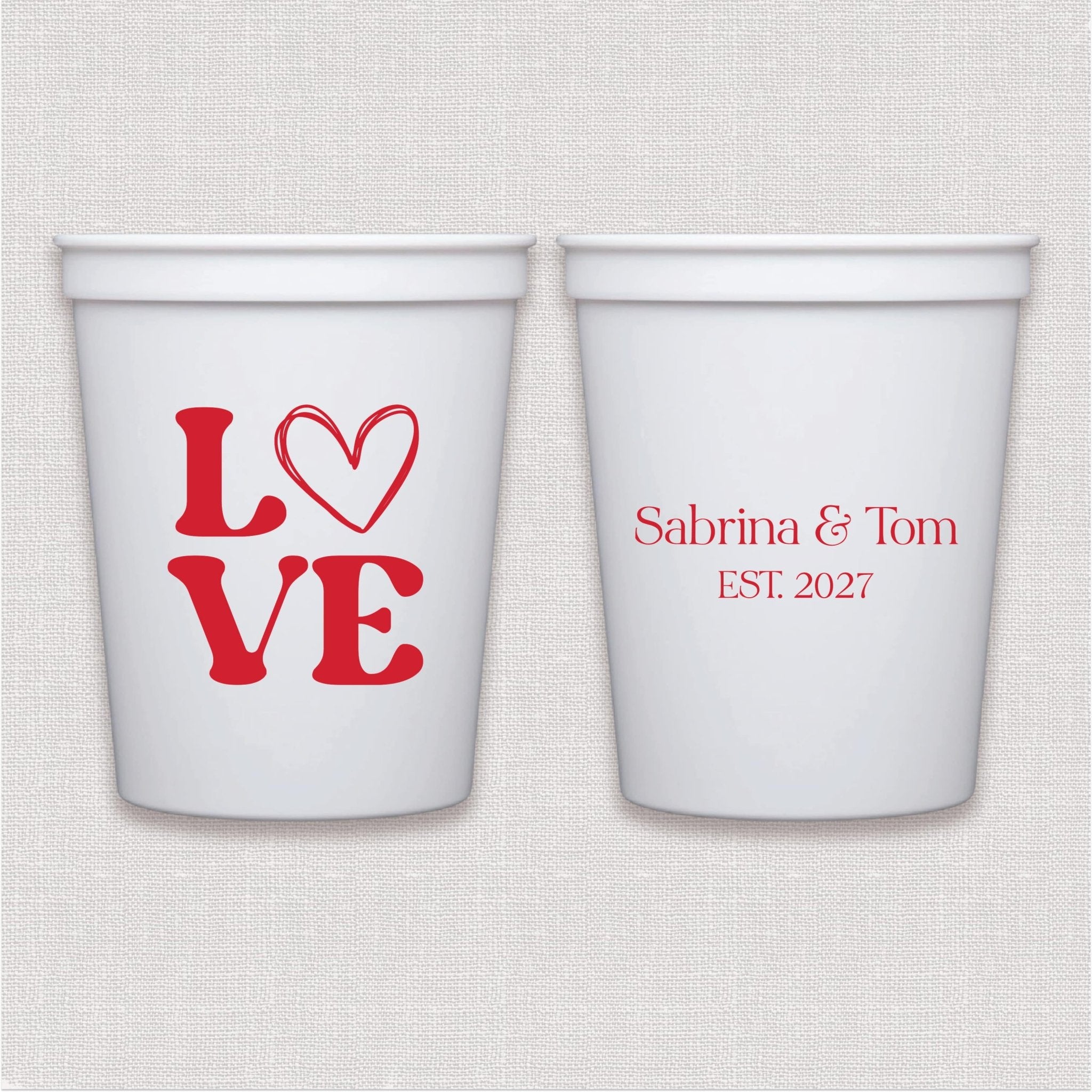 White stadium cups with red LOVE heart design and personalized wedding text