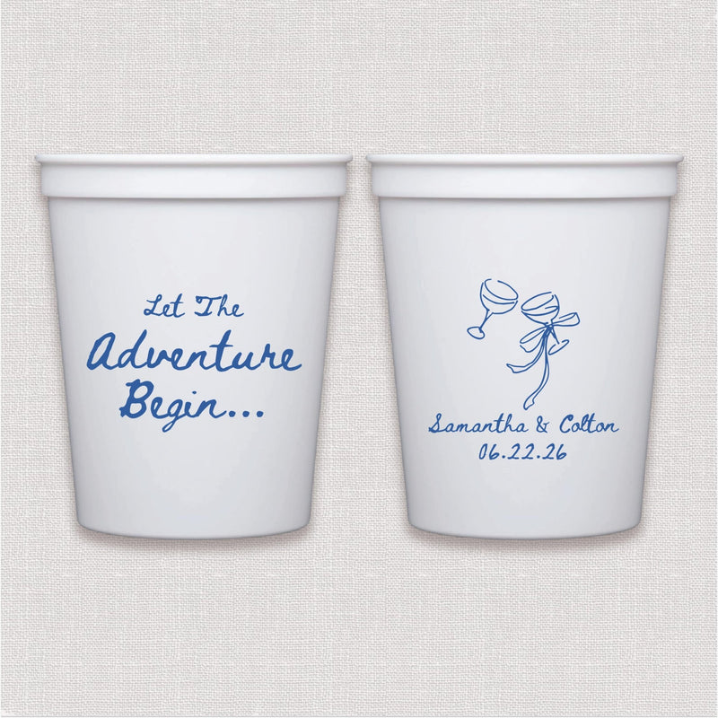 White stadium cup with blue script wedding text and bow design