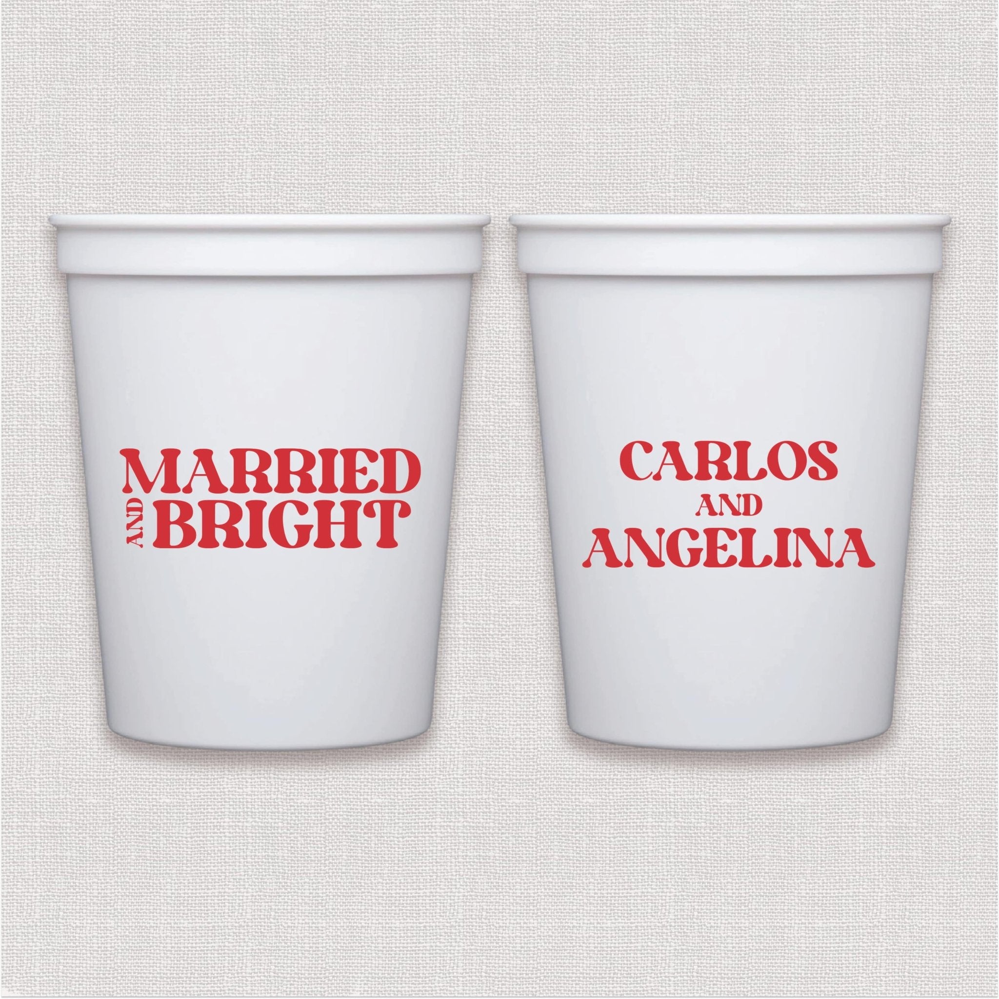White stadium cups with red personalized wedding text design