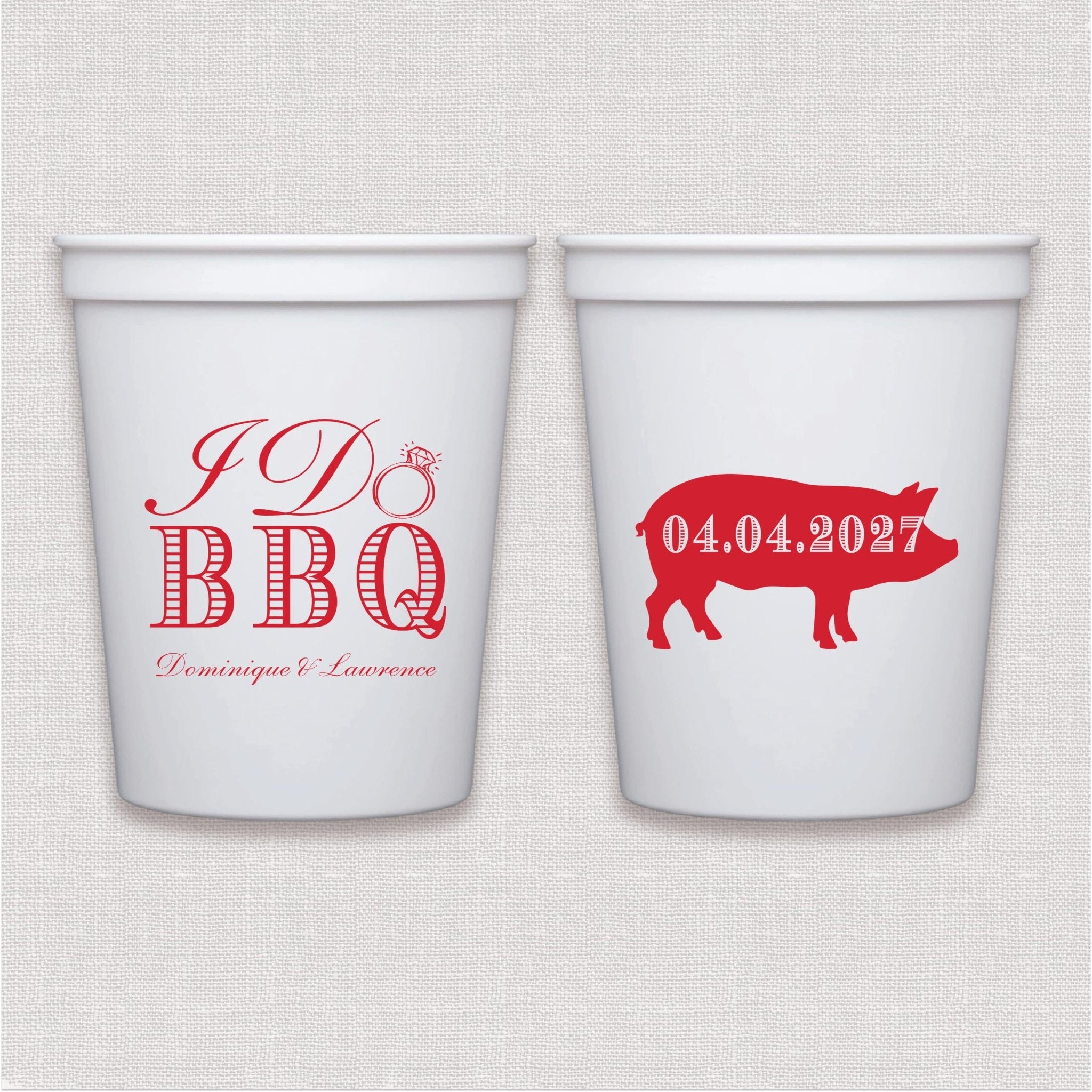 White stadium cup with red I Do BBQ script and pig silhouette wedding design
