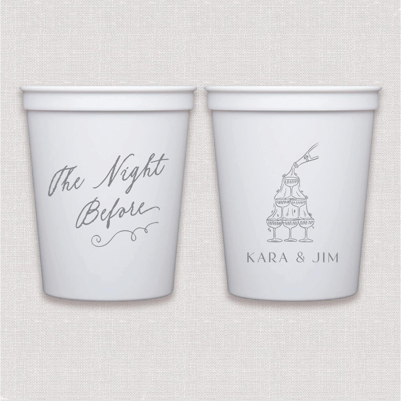 White stadium cup with personalized text script text and wedding cake illustration design in gray