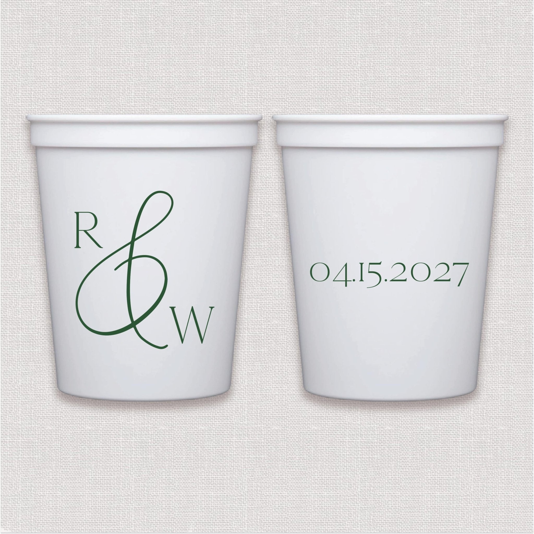 White stadium cups with personalized monogram and wedding date in sage green script text