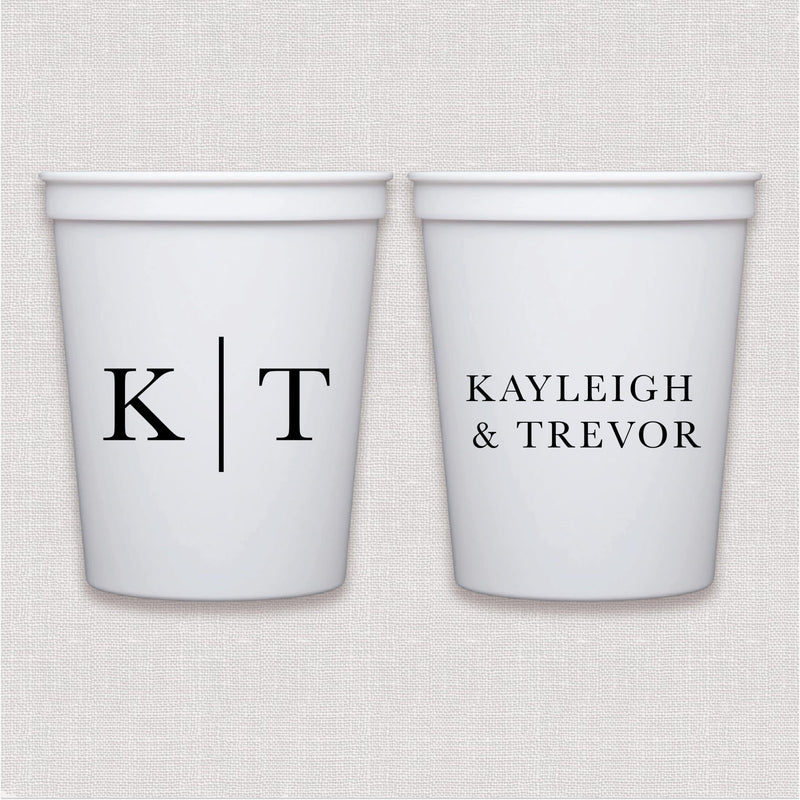 White stadium cup with personalized initials and couple names in modern serif font design