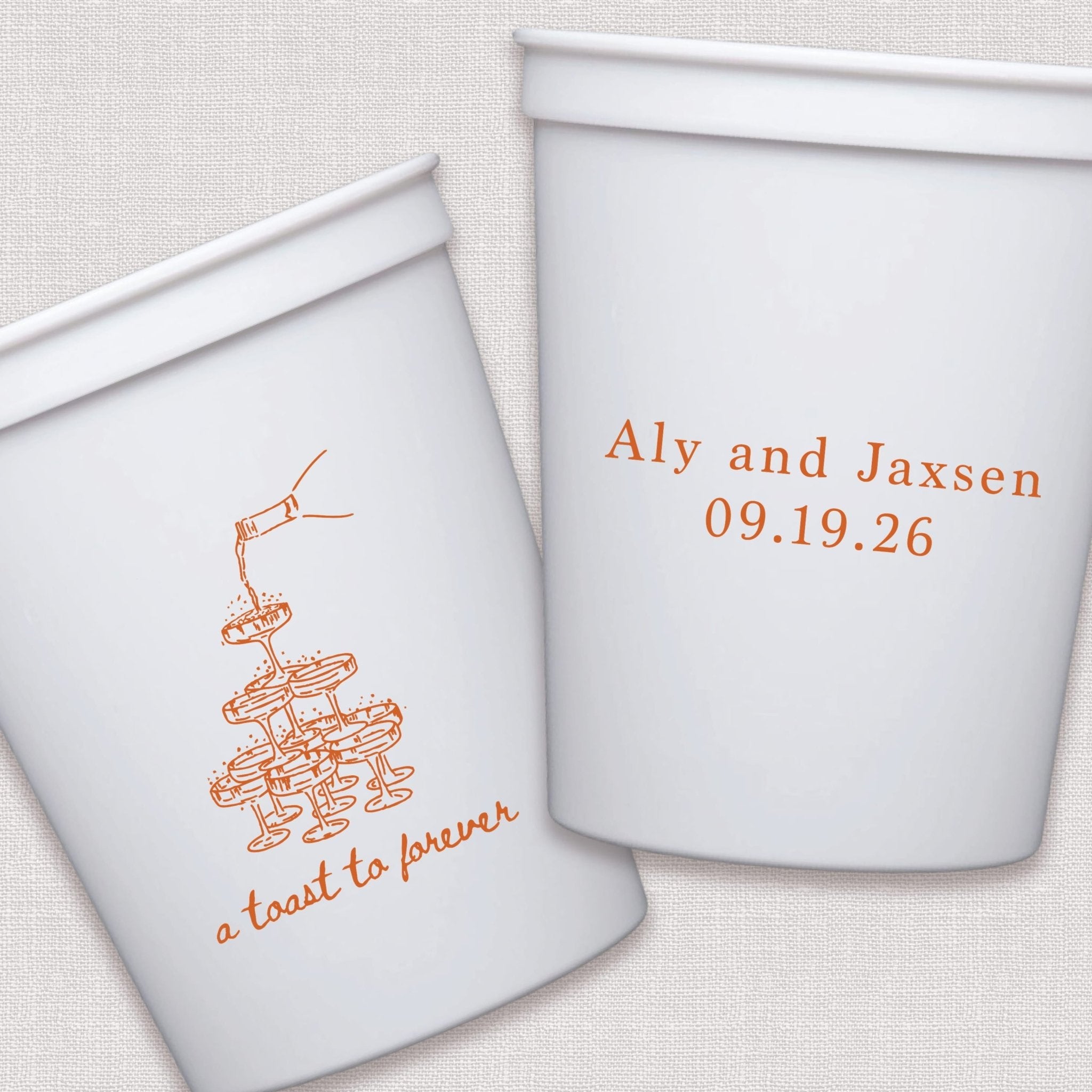 White stadium cups with coral A toast to forever design and personalized wedding text