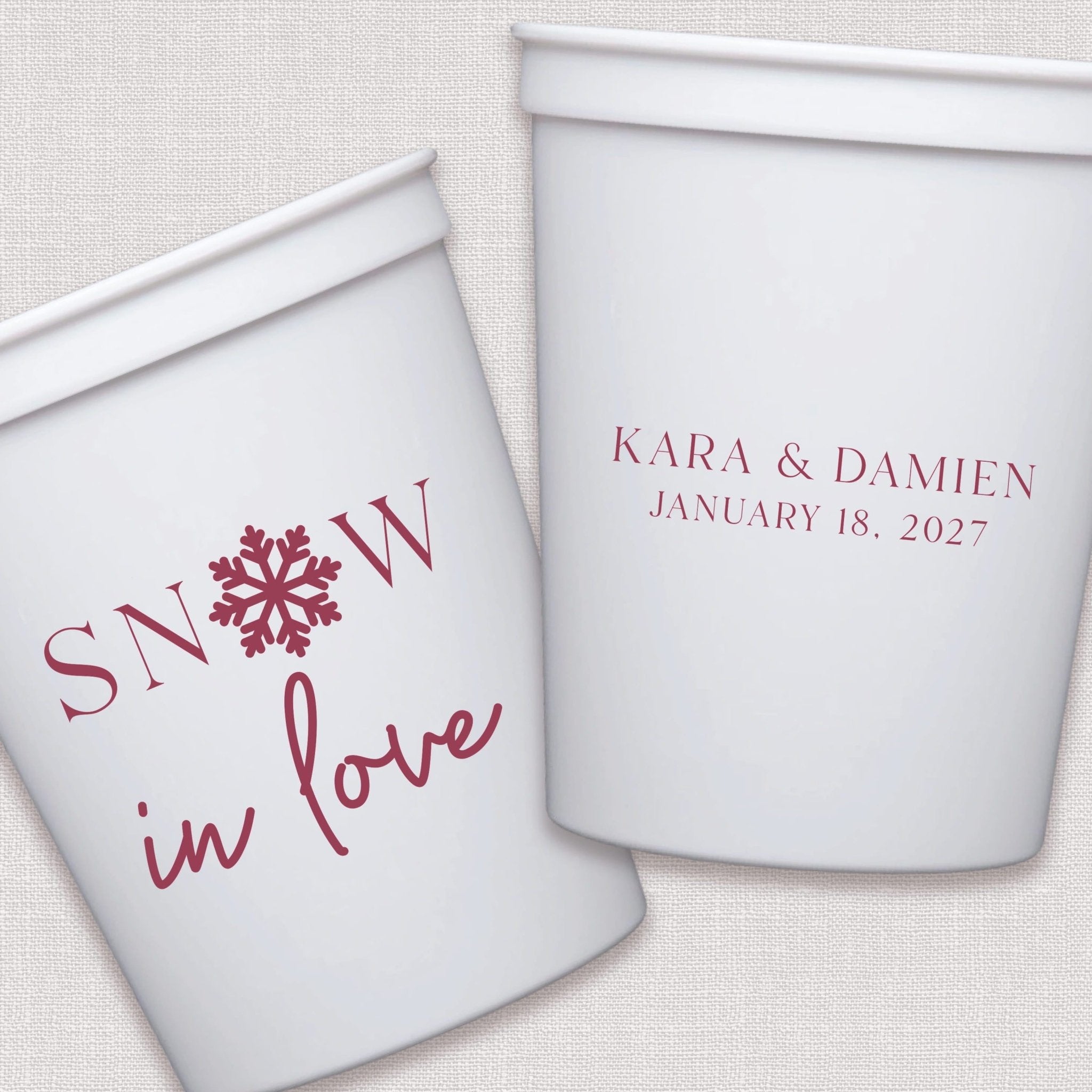 White stadium cups with burgundy snowflake and wedding date design