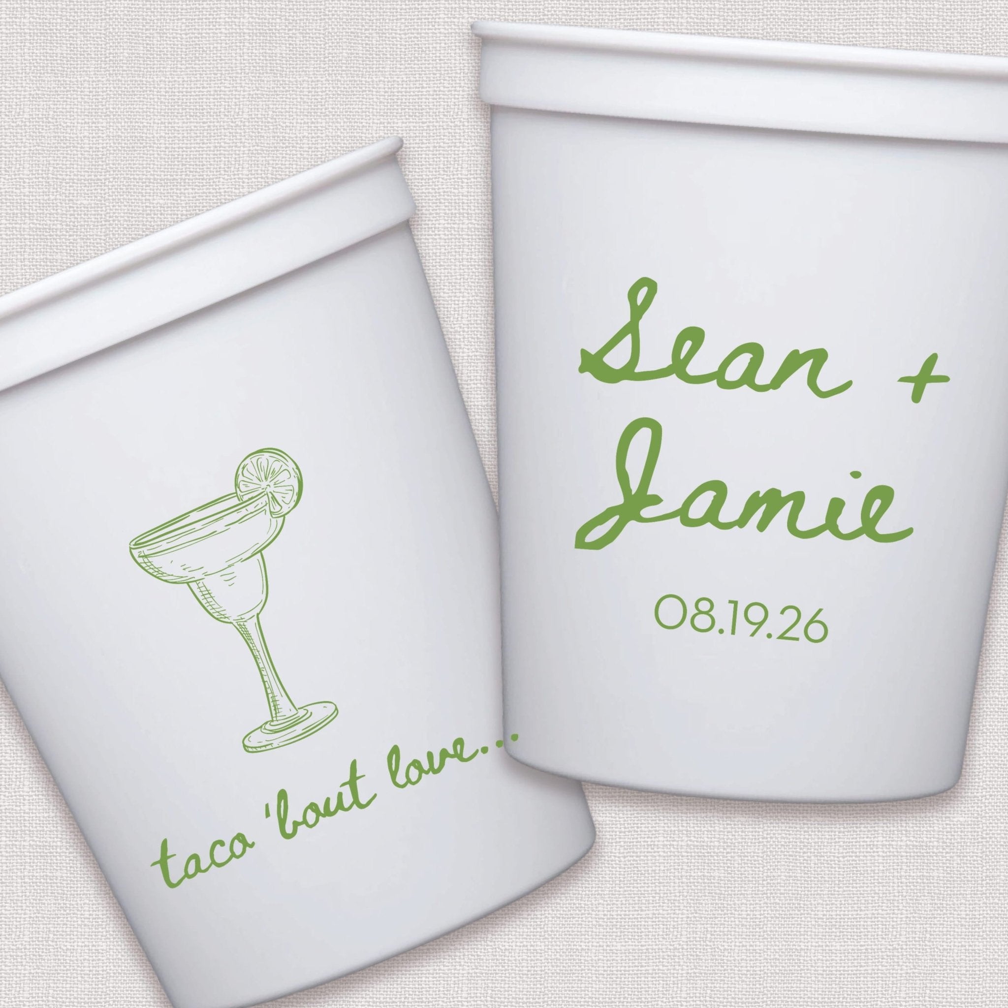 White stadium cups with sage green margarita and personalized wedding text design