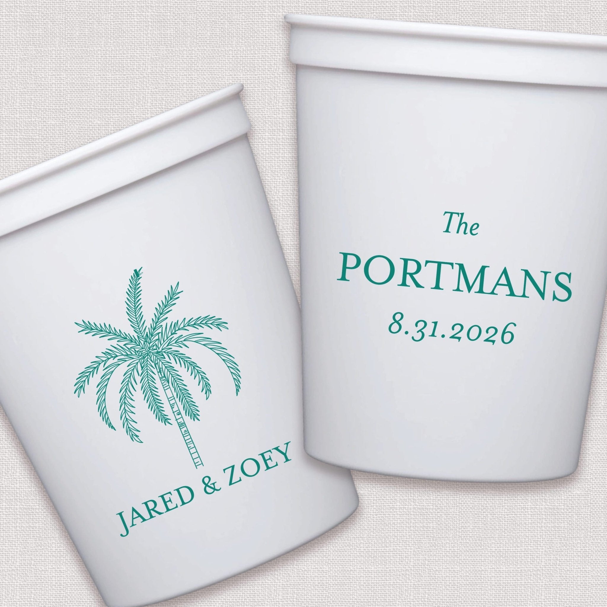 White stadium cups with teal palm tree and personalized wedding text design