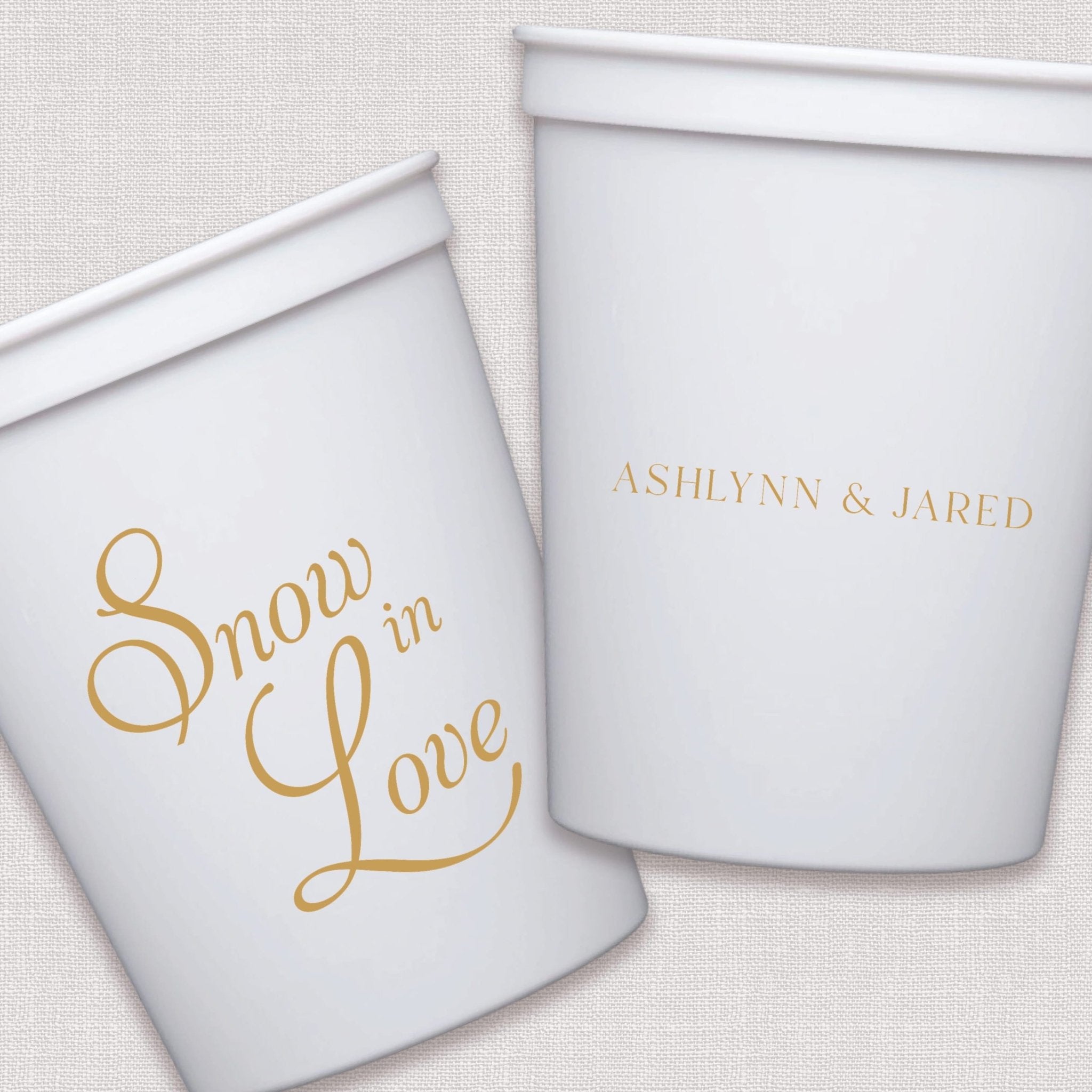 White stadium cups with gold foil personalized text script and personalized couple text design