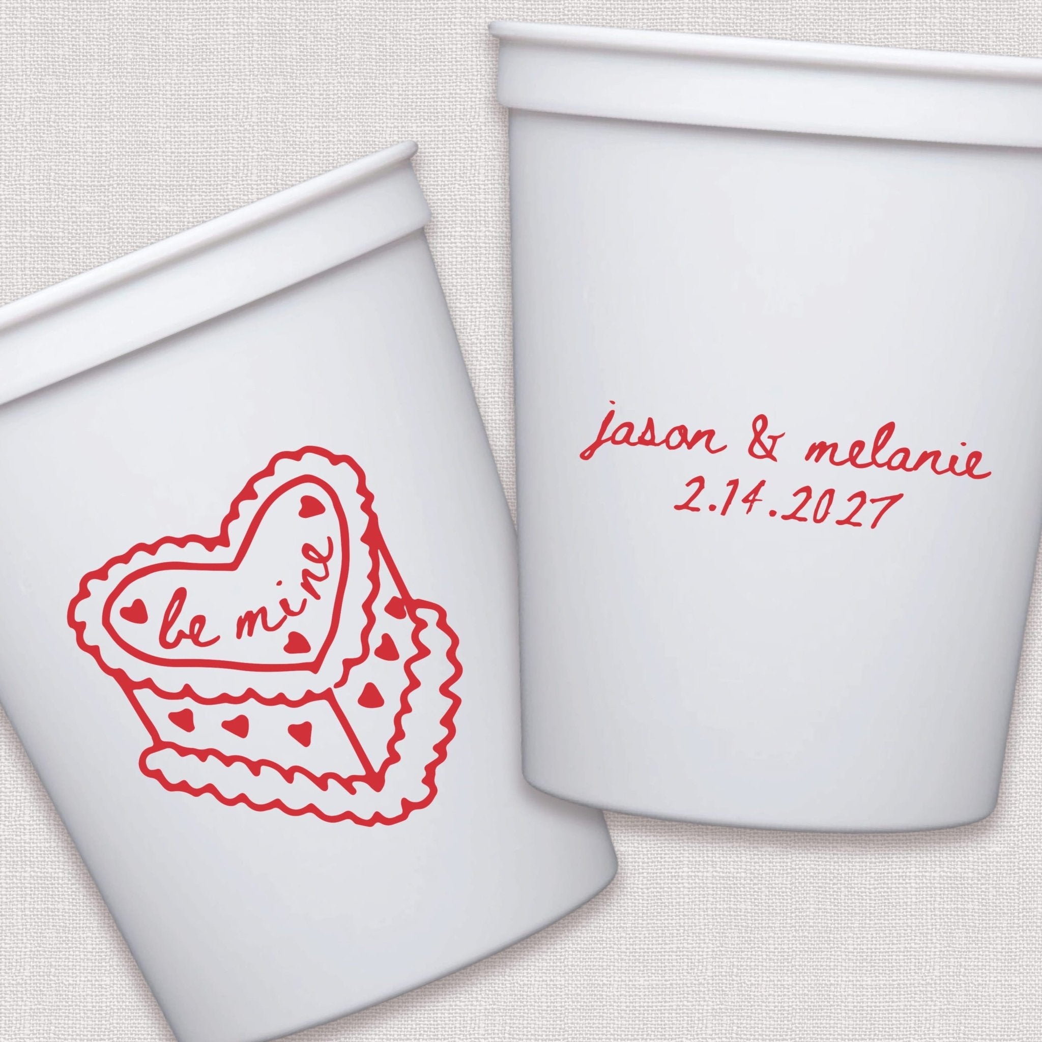 White stadium cups with red heart and script wedding text design
