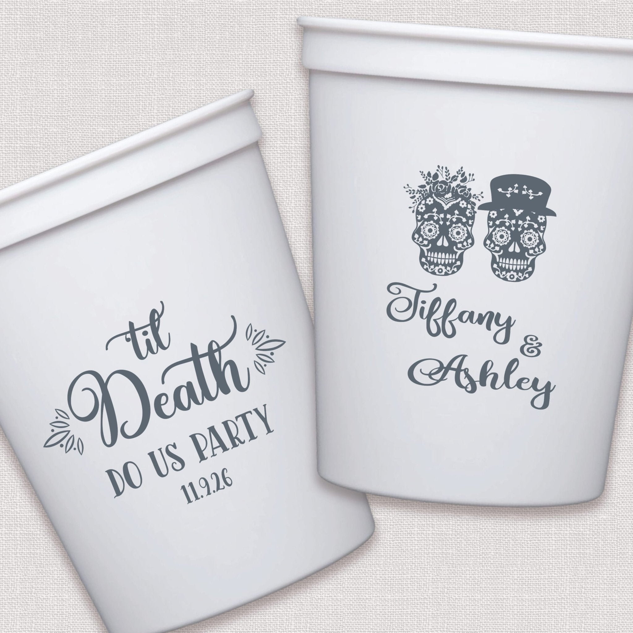 White stadium cups with skull and personalized couple names wedding design