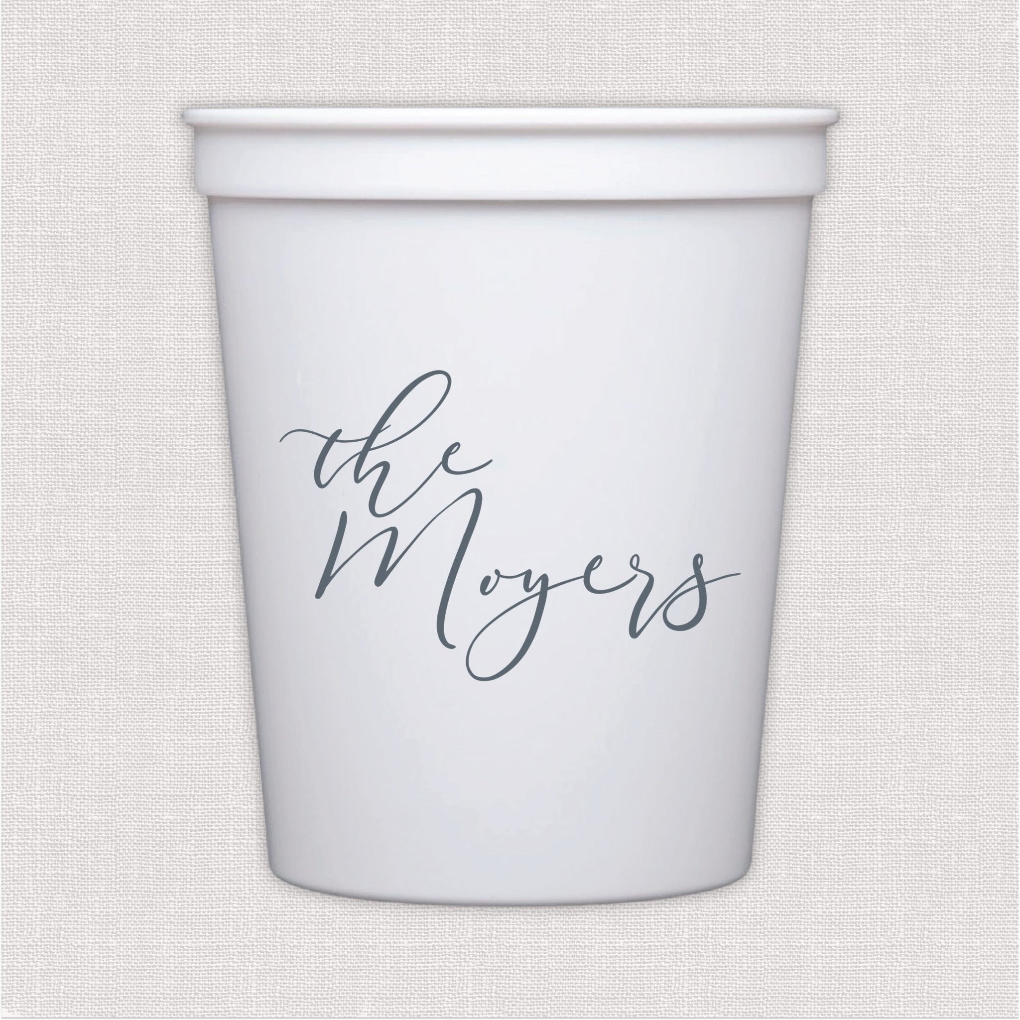 White stadium cup with script personalized wedding text in gray ink