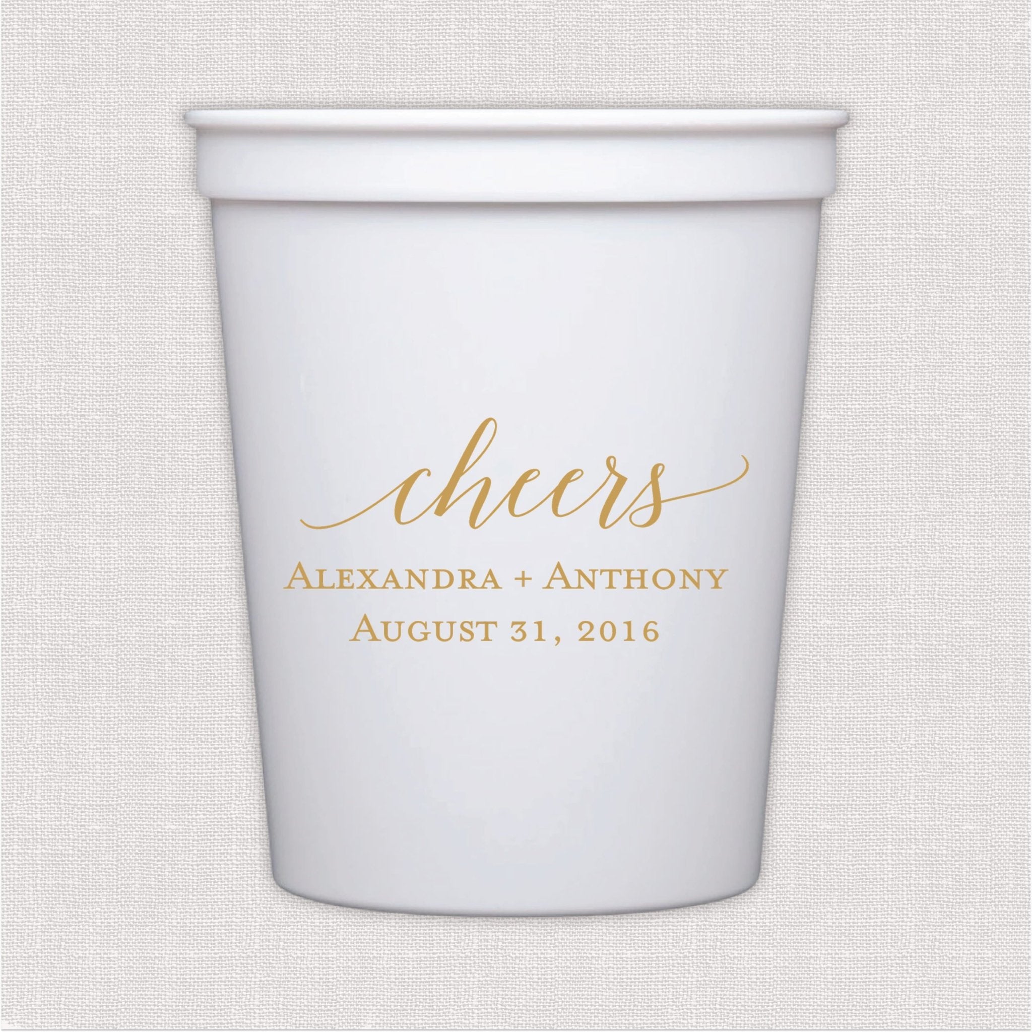 White stadium cup with gold foil cheers script and personalized wedding text