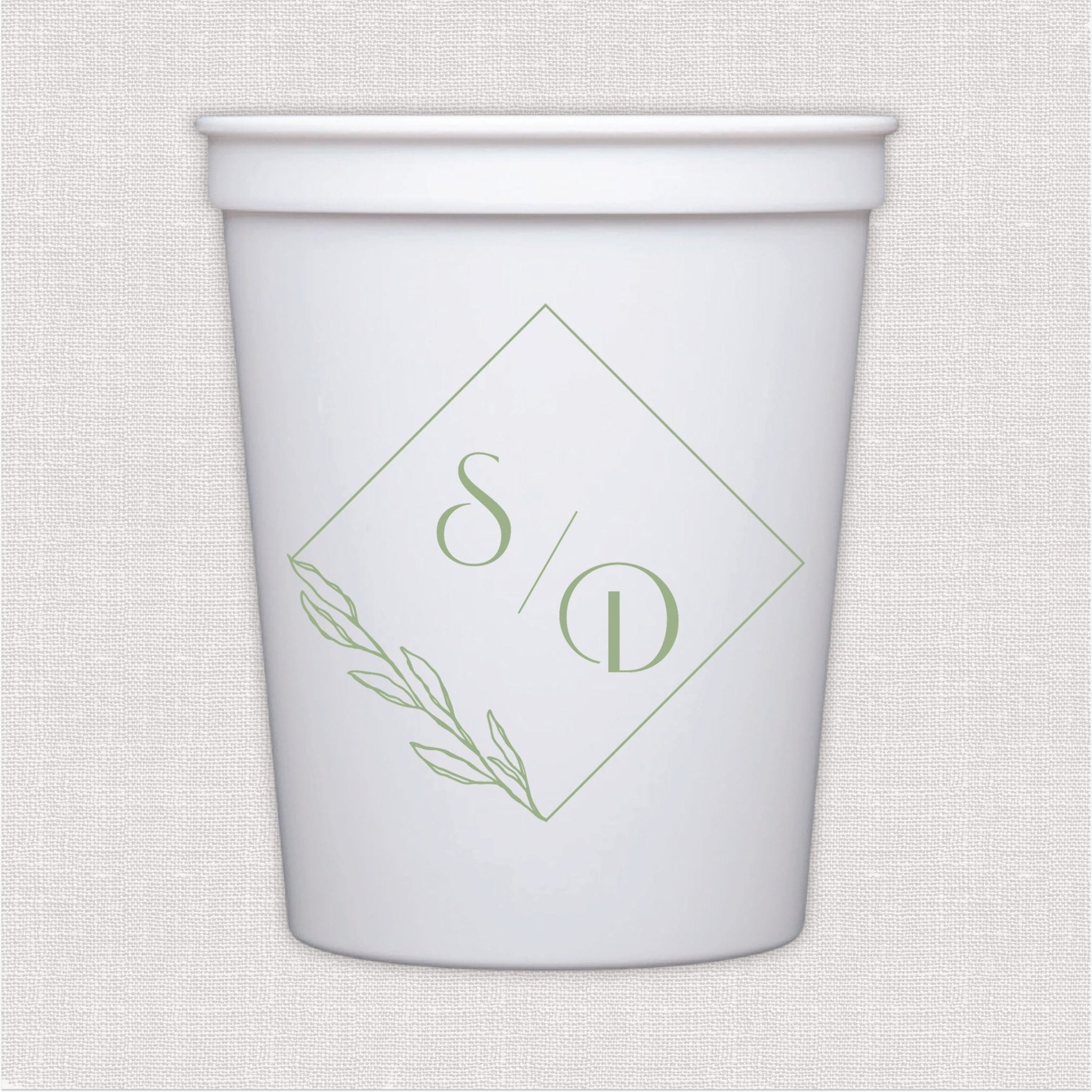 White stadium cup with sage green personalized monogram in diamond frame and wheat botanical design