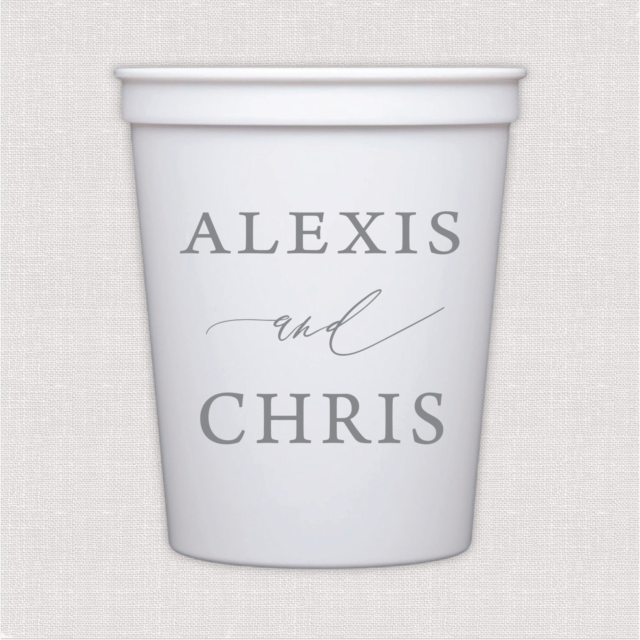 White stadium cup with personalized couple names and and script design in gray print
