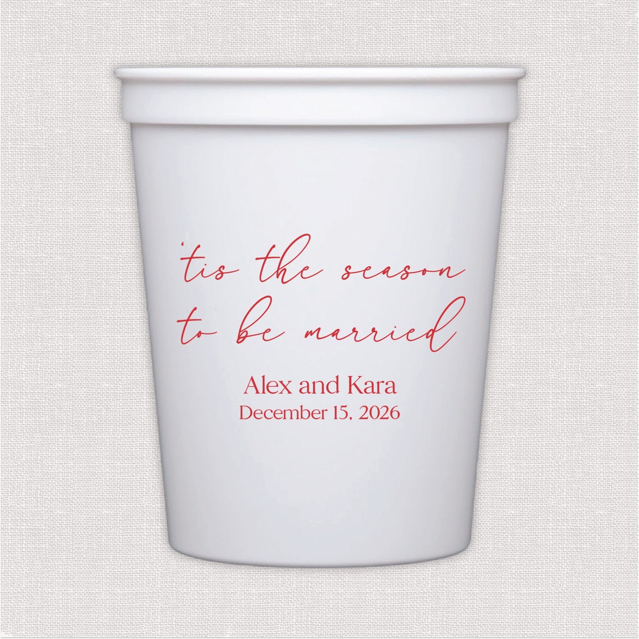 White stadium cup with coral script wedding text and personalized couple names and date