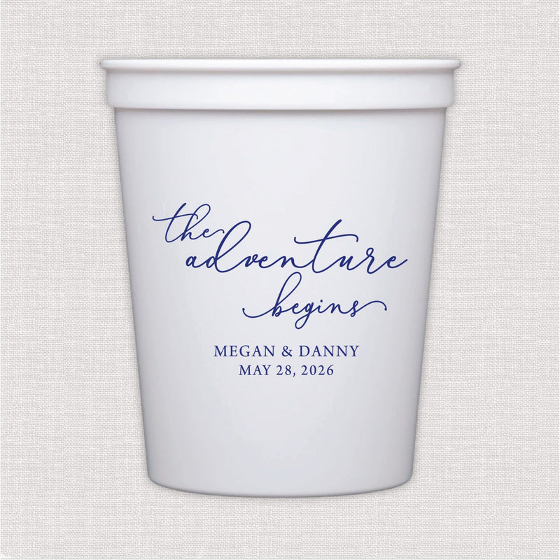 White stadium cup with navy script wedding text design and personalized couple names and date