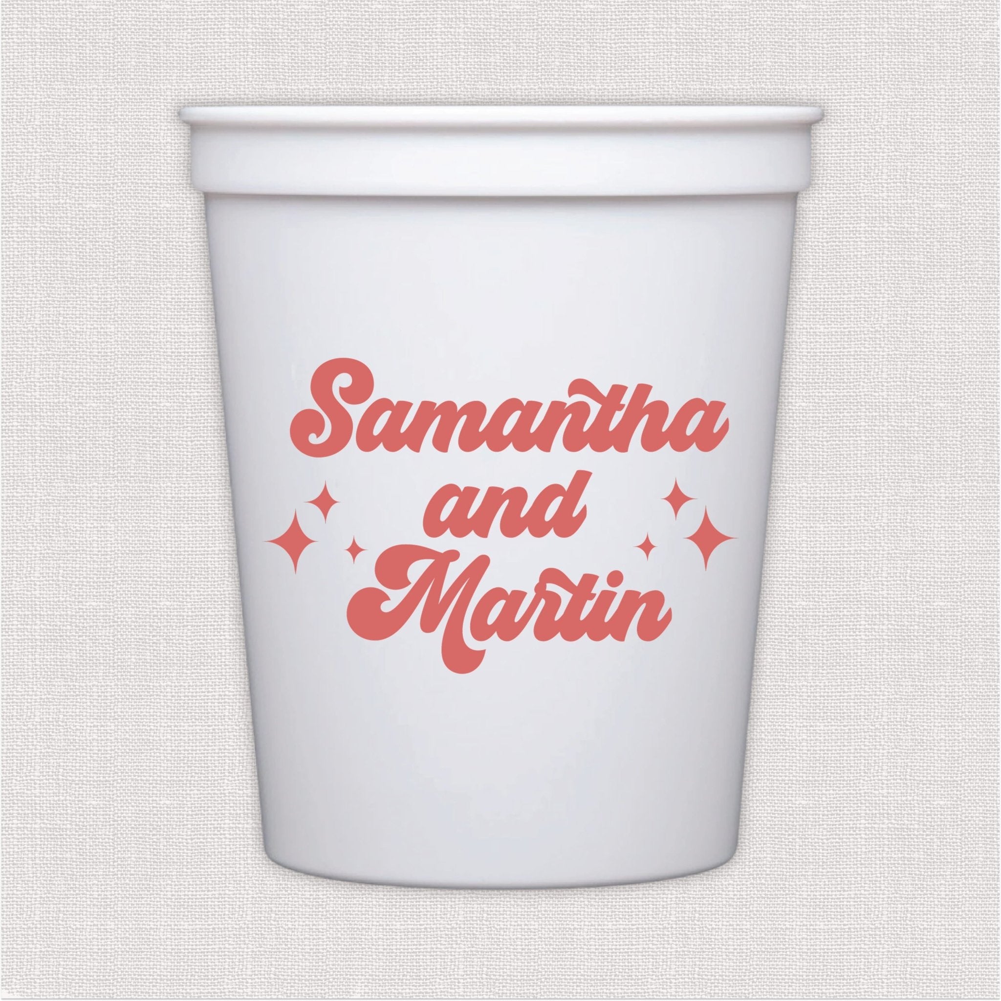 White stadium cup with red retro script personalized wedding text and sparkle design