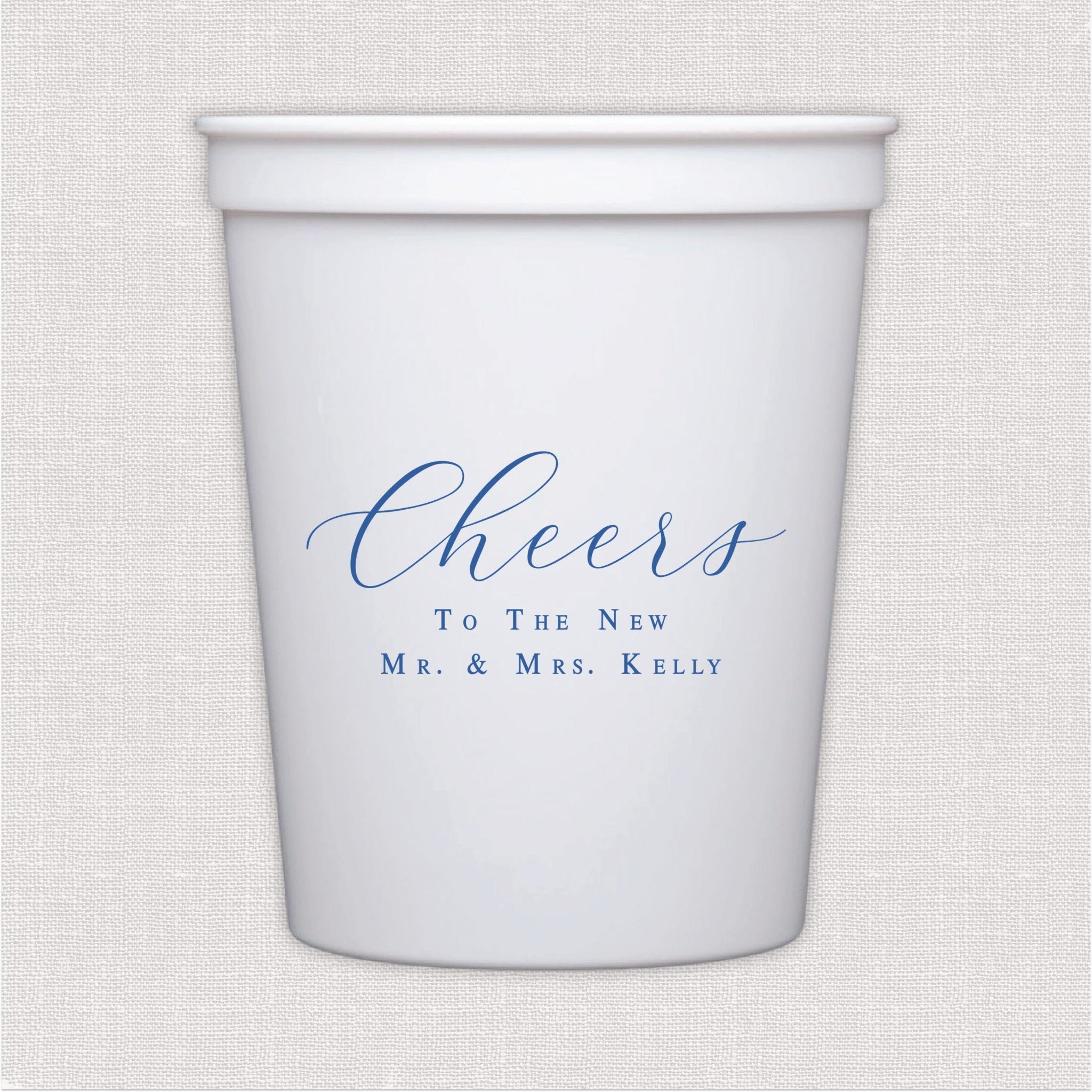 White stadium cup with blue script Cheers wedding toast design