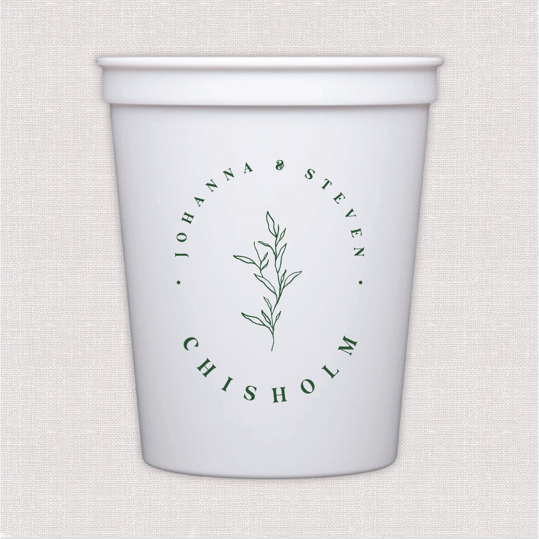 White stadium cup with sage green botanical leaf and personalized wedding text design